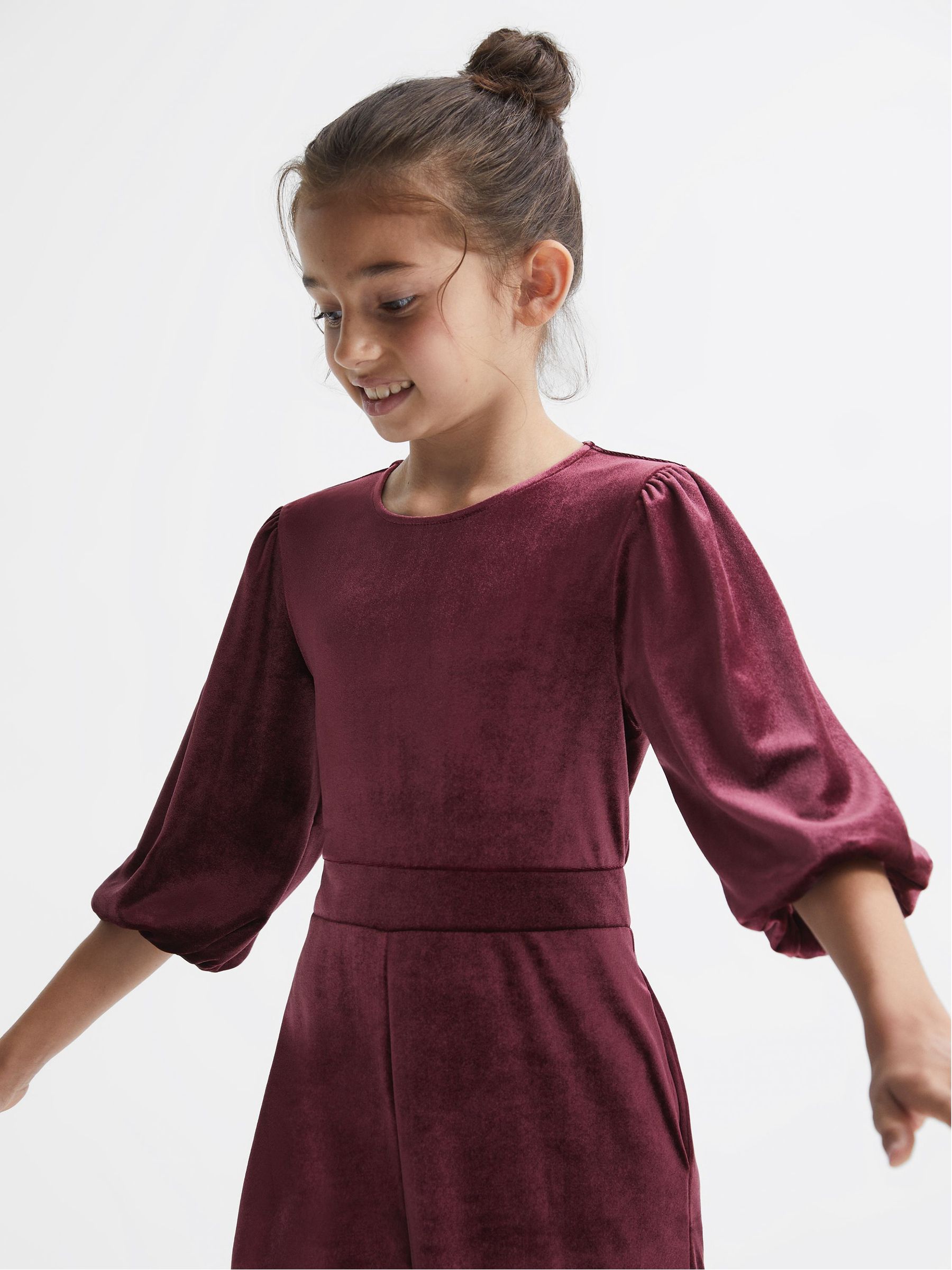 9-12 yrs Velvet Wide Sleeve Crop Jumpsuit in Red - Image 1 of 1