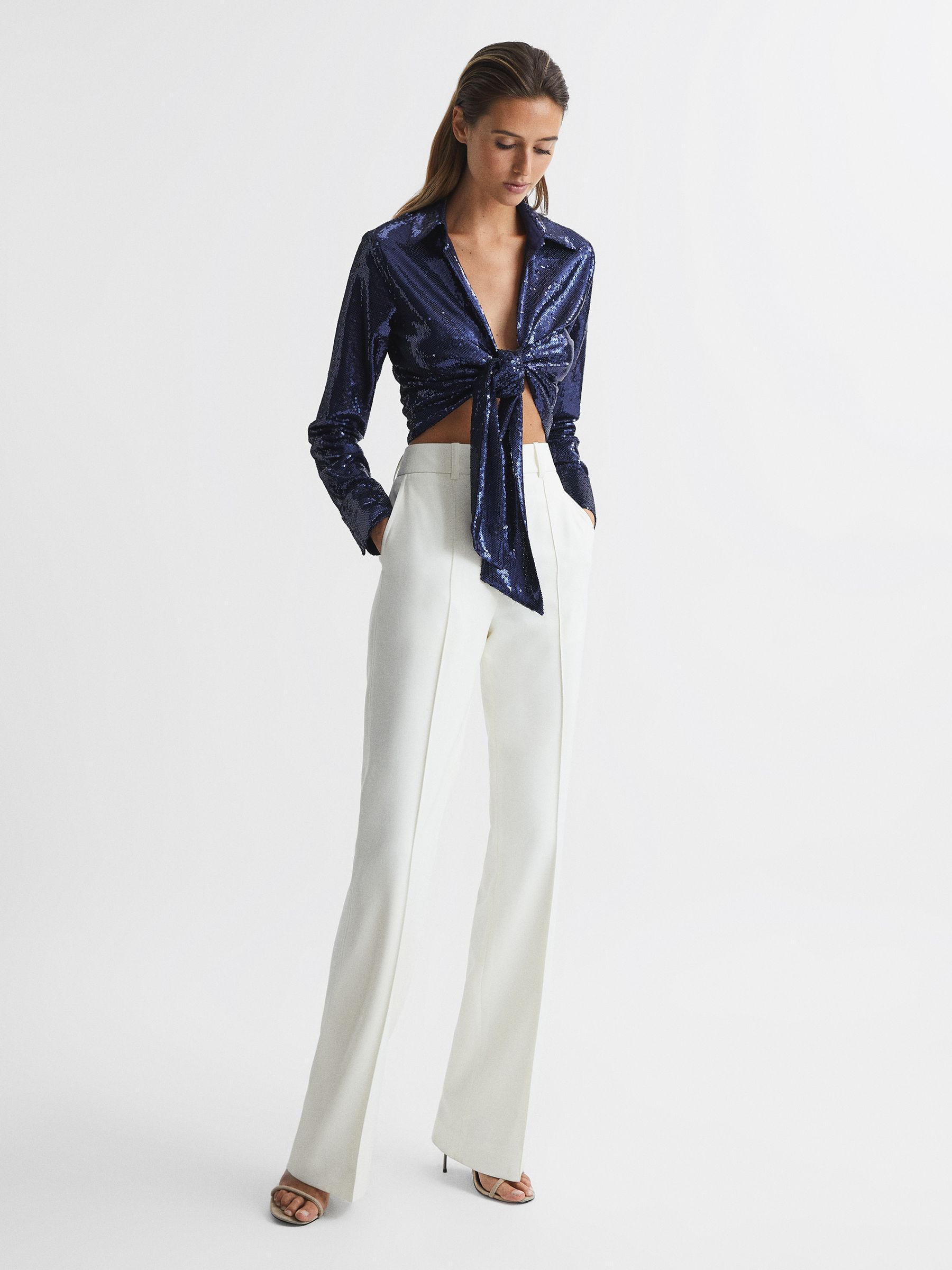 Tie Front Sequin Top in Dark Blue - Image 3 of 6