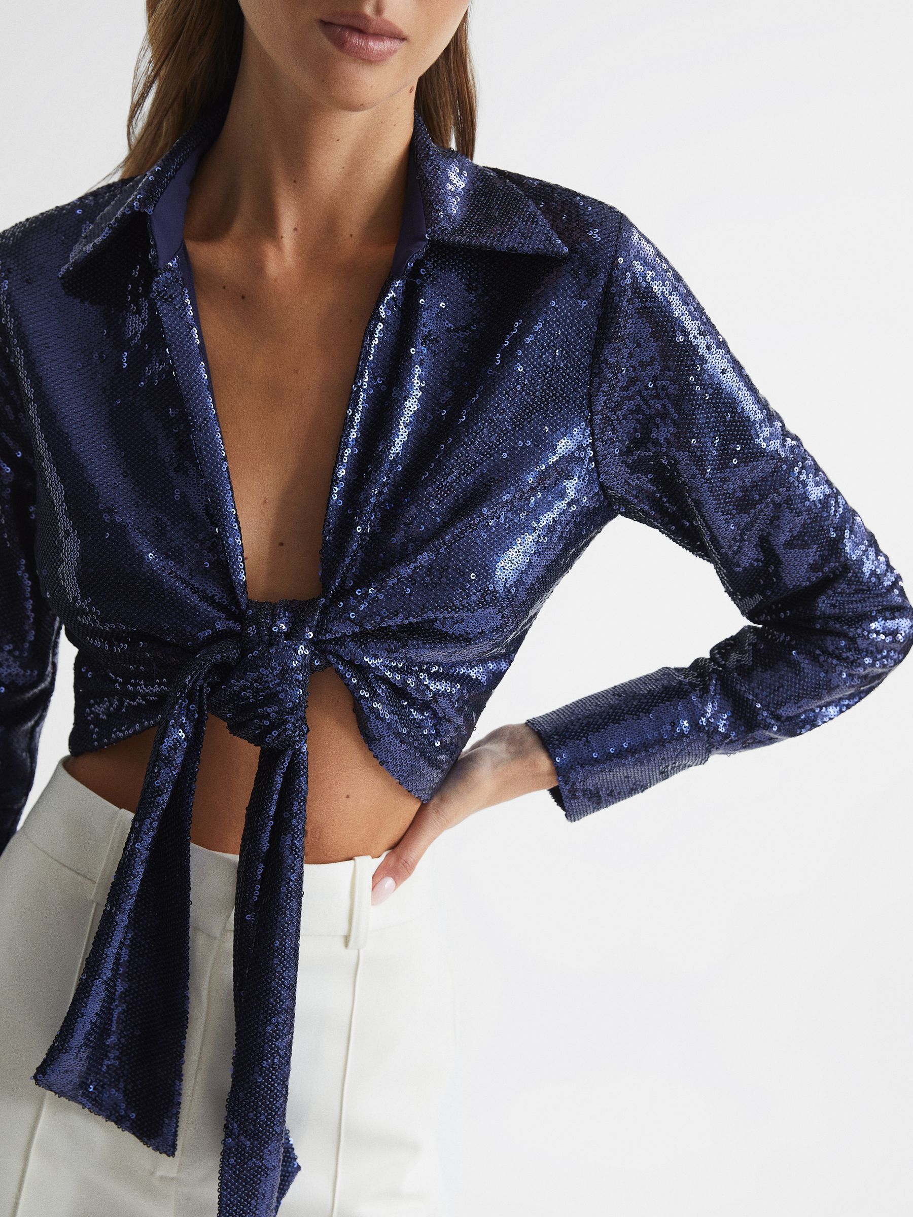 Tie Front Sequin Top in Dark Blue - Image 4 of 6