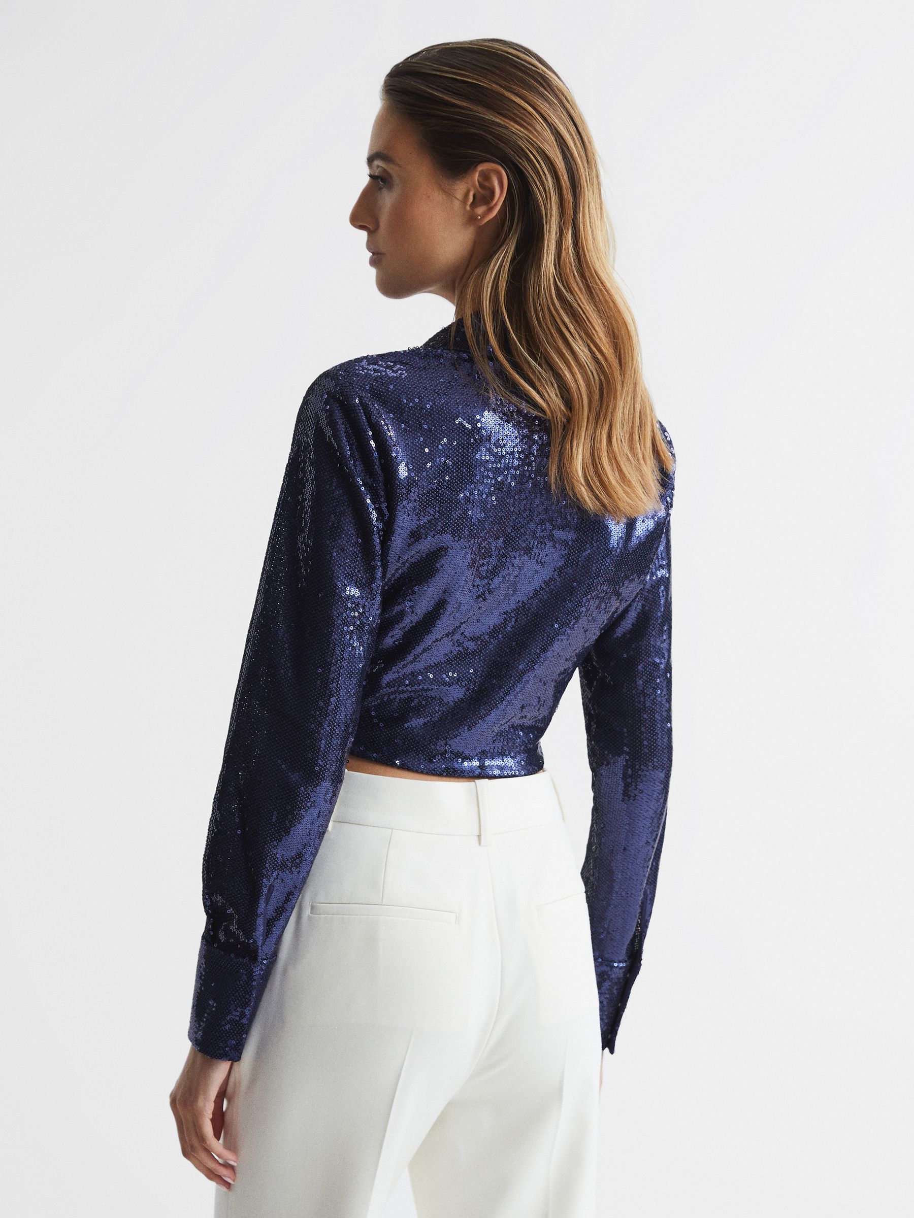 Tie Front Sequin Top in Dark Blue - Image 5 of 6
