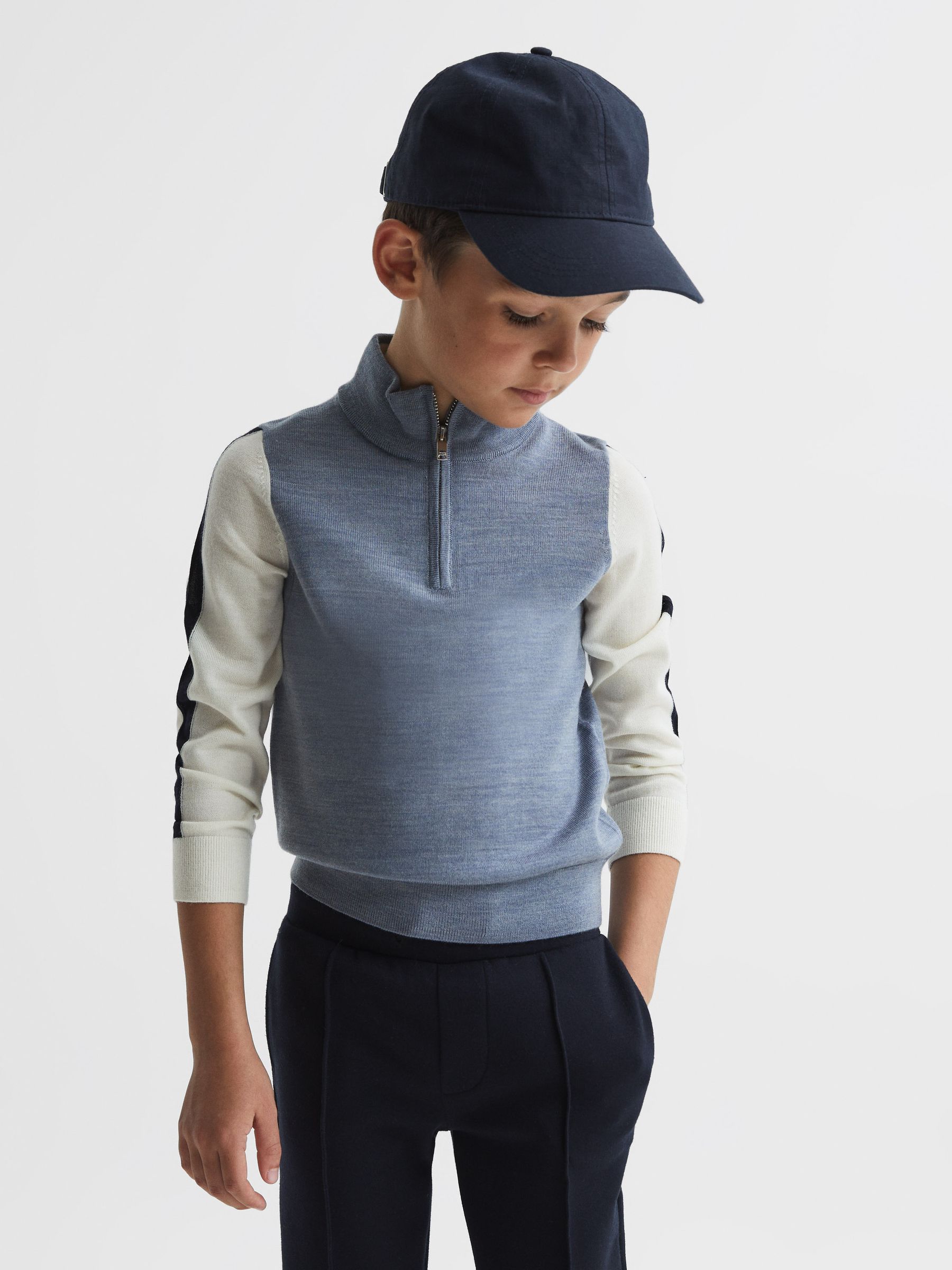 Junior Wool Colourblock Zip Neck Polo in Airforce Blue Melange - Image 1 of 6 Junior Wool Colourblock Zip Neck Polo in Airforce Blue Melange - Image 1 of 6