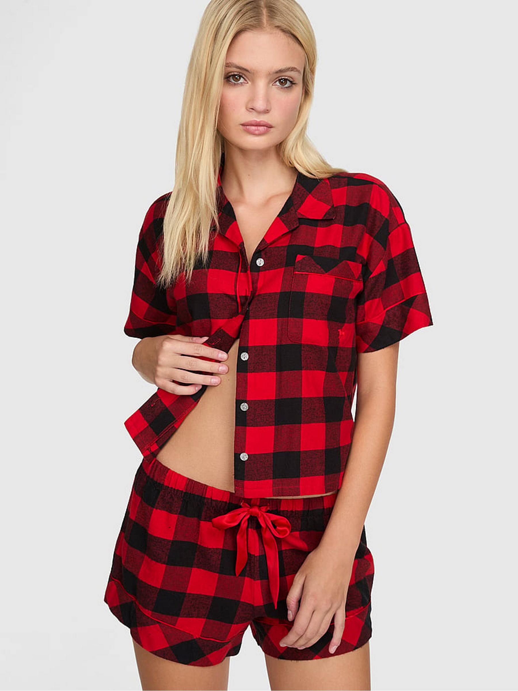 Bright Vermillion Red Tartan Short Flannel Pyjama Set - Image 2 of 3 Bright Vermillion Red Tartan Short Flannel Pyjama Set - Image 2 of 3