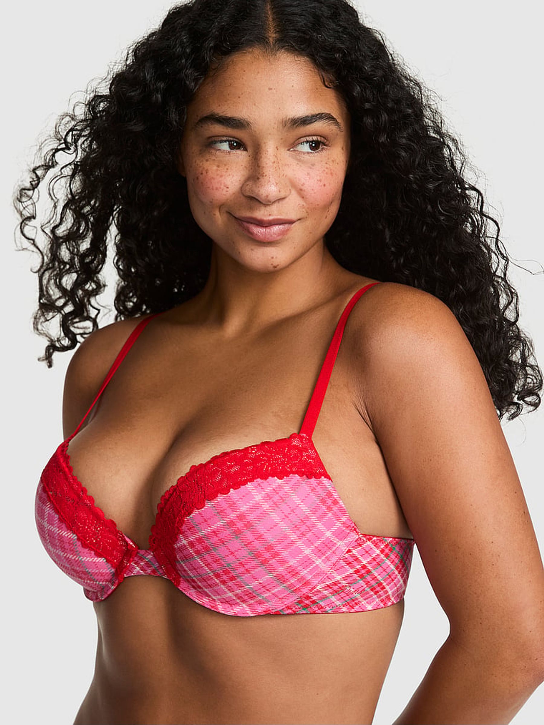 Pink/Red Tartan Super Push Up Lace Trim Bra - Image 1 of 2
