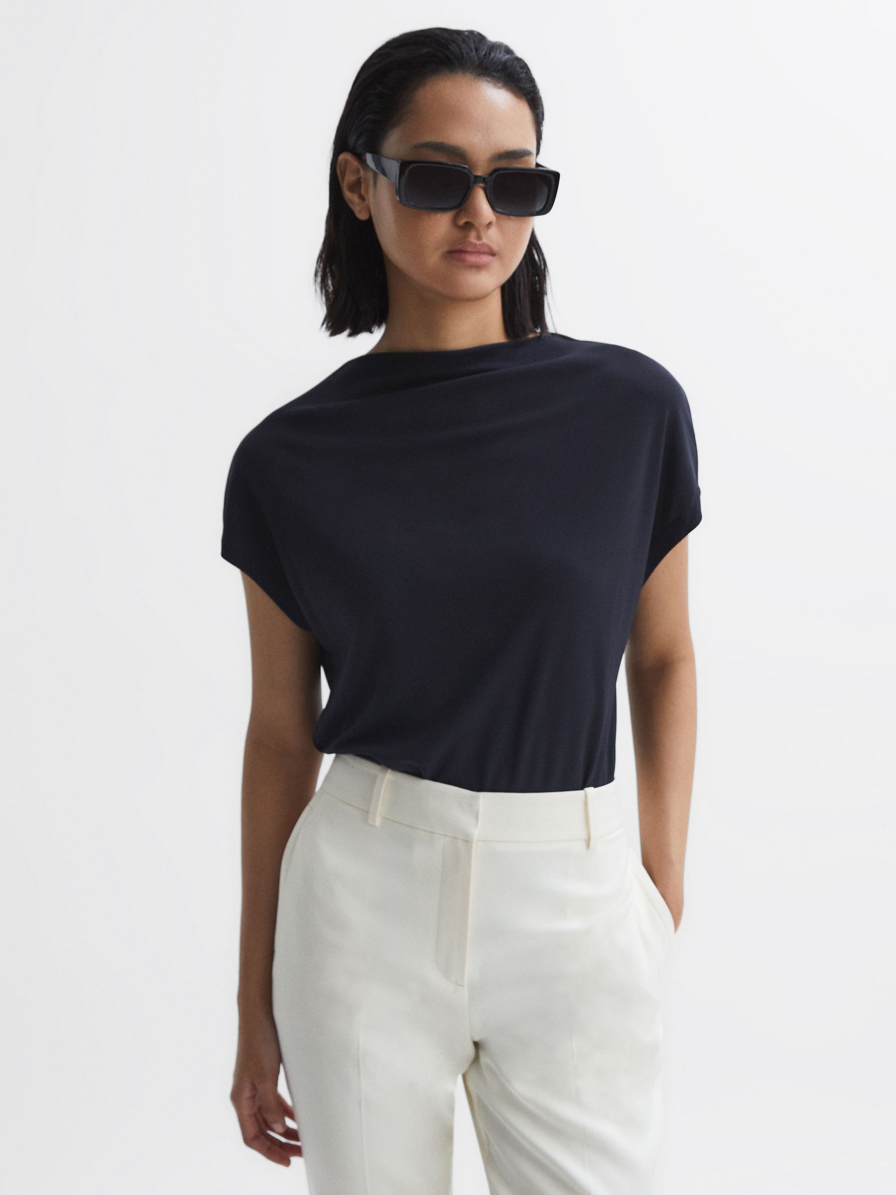 High Neck Jersey Top in Navy - Image 1 of 6