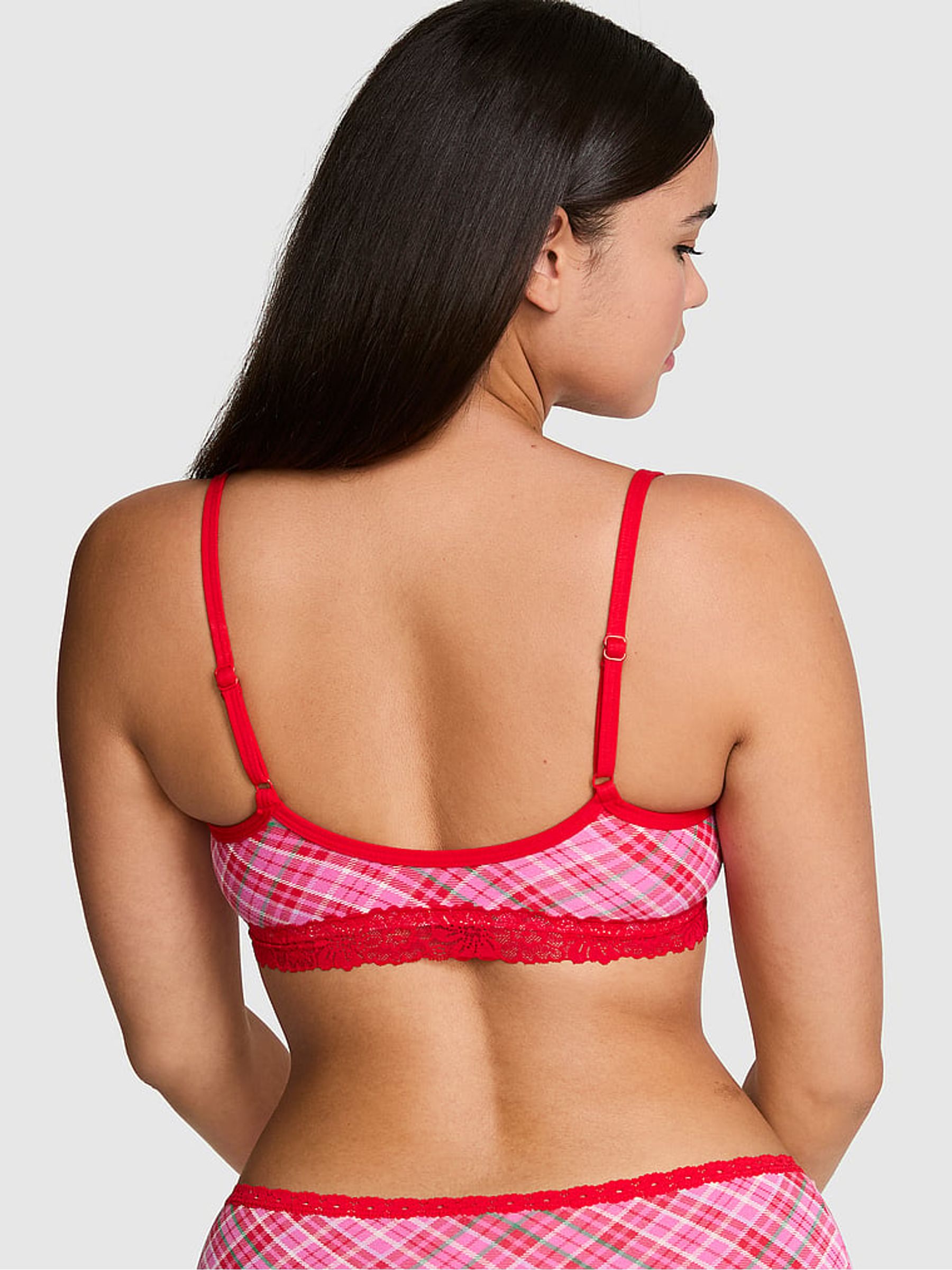 Pink and Red Tartan Scoop Cotton Lace Trim Bralette - Image 2 of 2 Pink and Red Tartan Scoop Cotton Lace Trim Bralette - Image 2 of 2