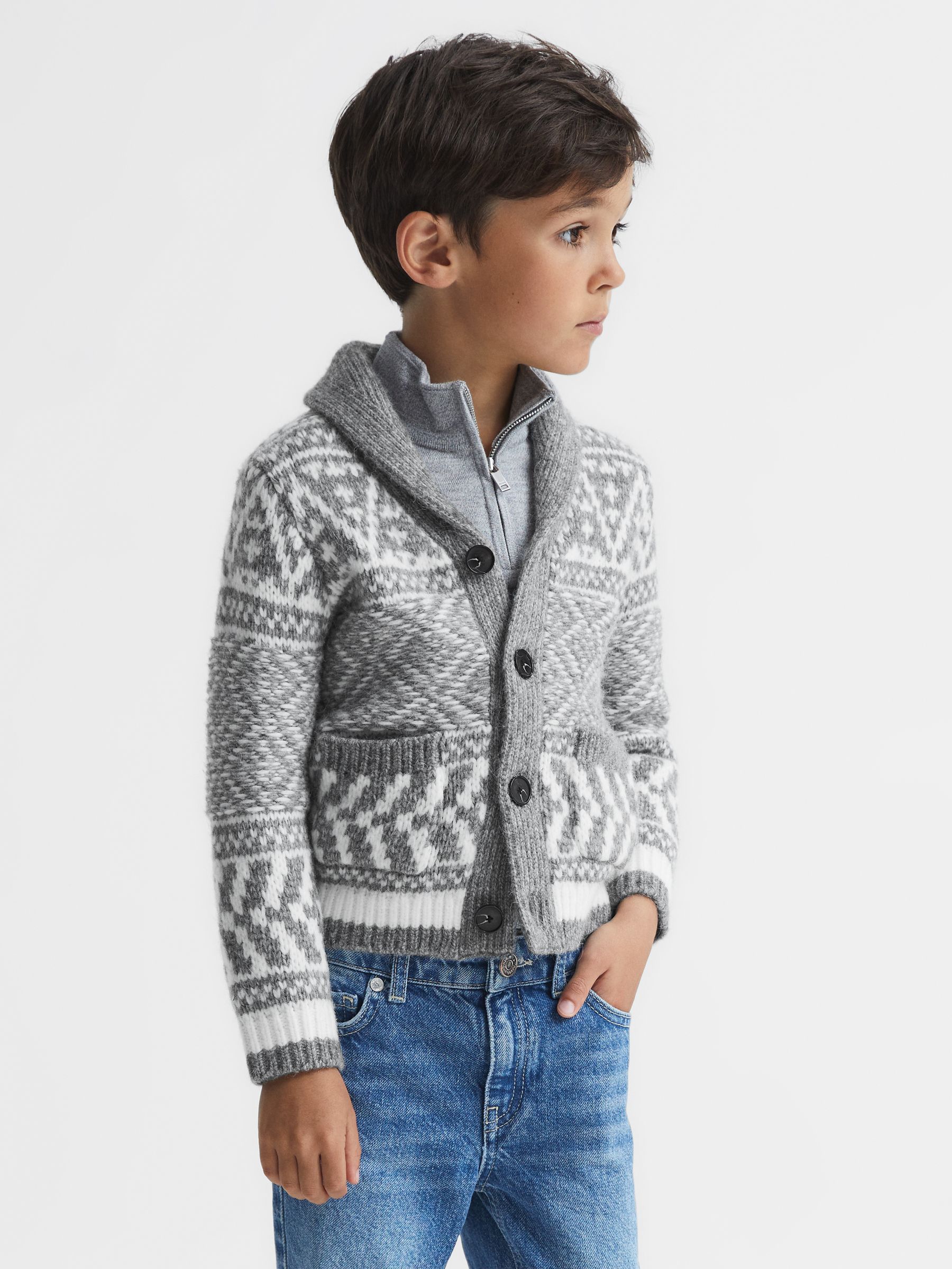 Junior Shawl Collar Fairisle Pattern Cardigan in Grey Melange/Ecru - Image 1 of 7