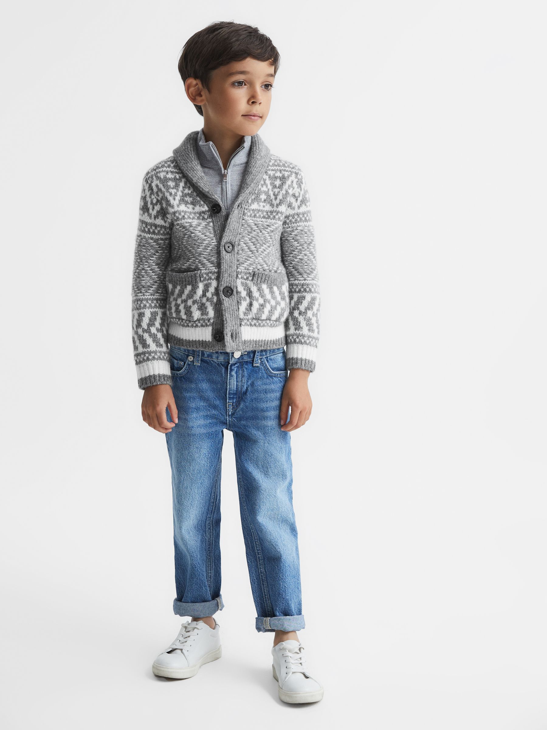 Junior Shawl Collar Fairisle Pattern Cardigan in Grey Melange/Ecru - Image 3 of 7