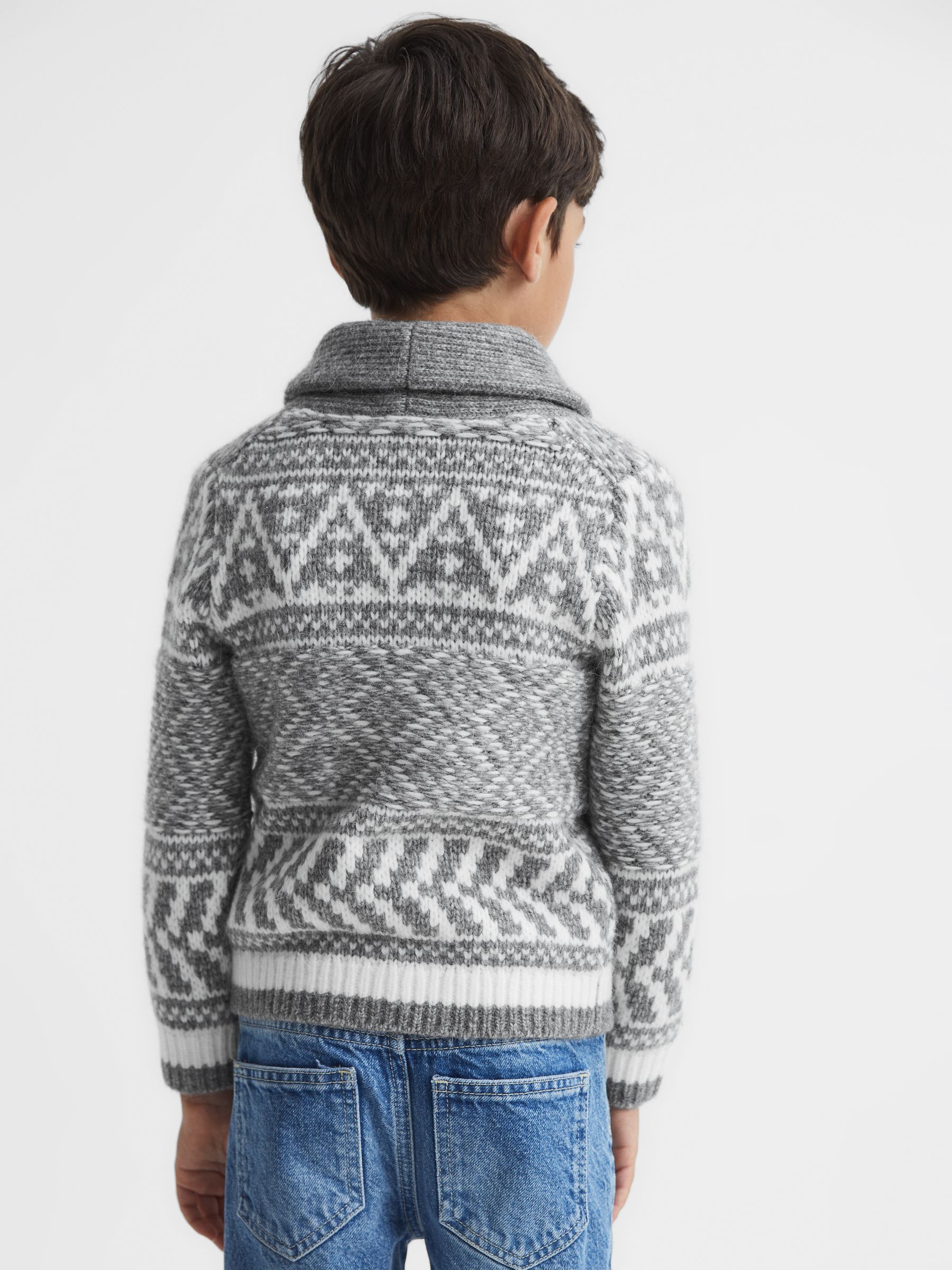Junior Shawl Collar Fairisle Pattern Cardigan in Grey Melange/Ecru - Image 5 of 7