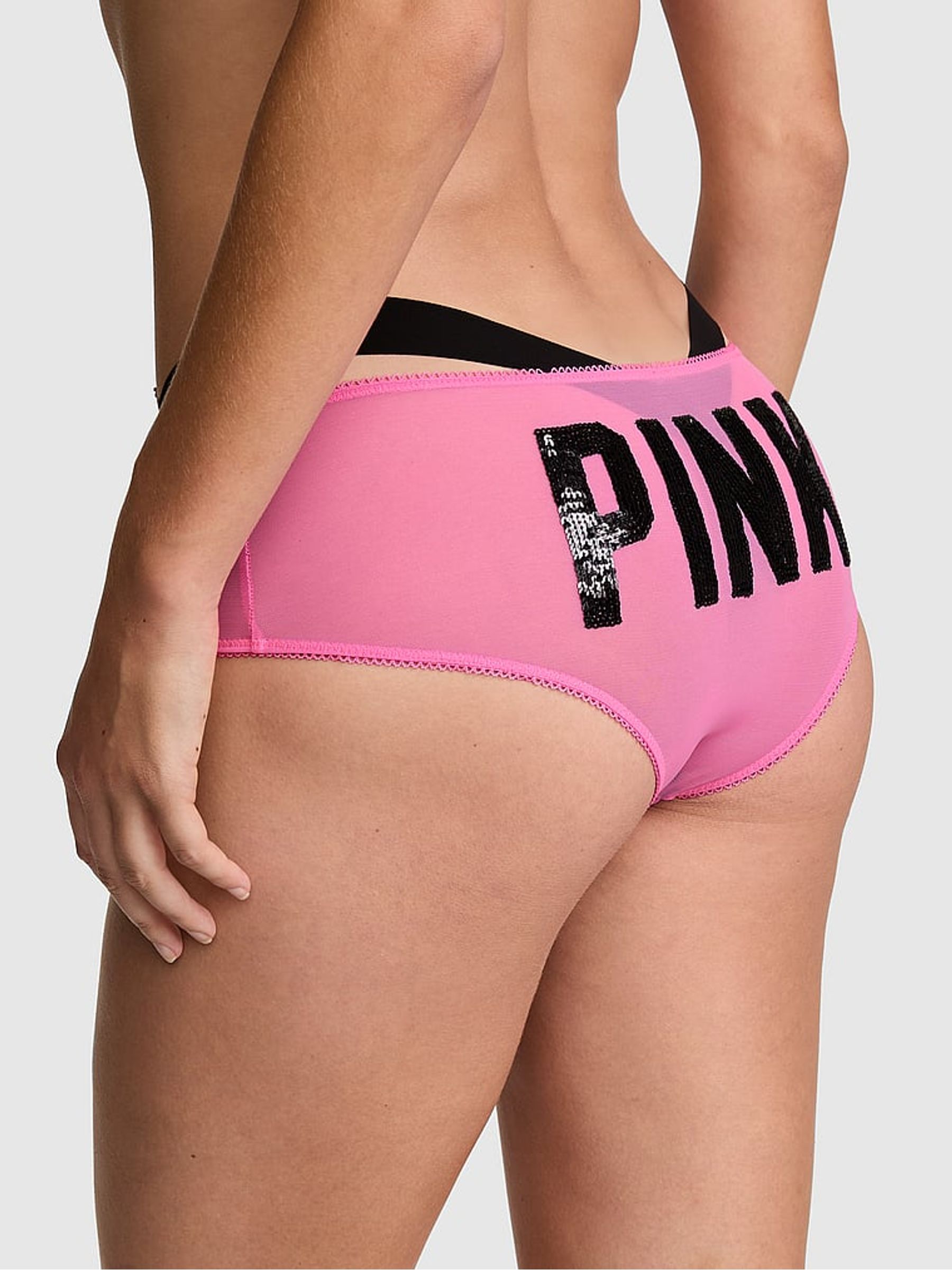 Hollywood Pink/Black Double Strap Cheeky Sequin Mesh Knickers - Image 2 of 2