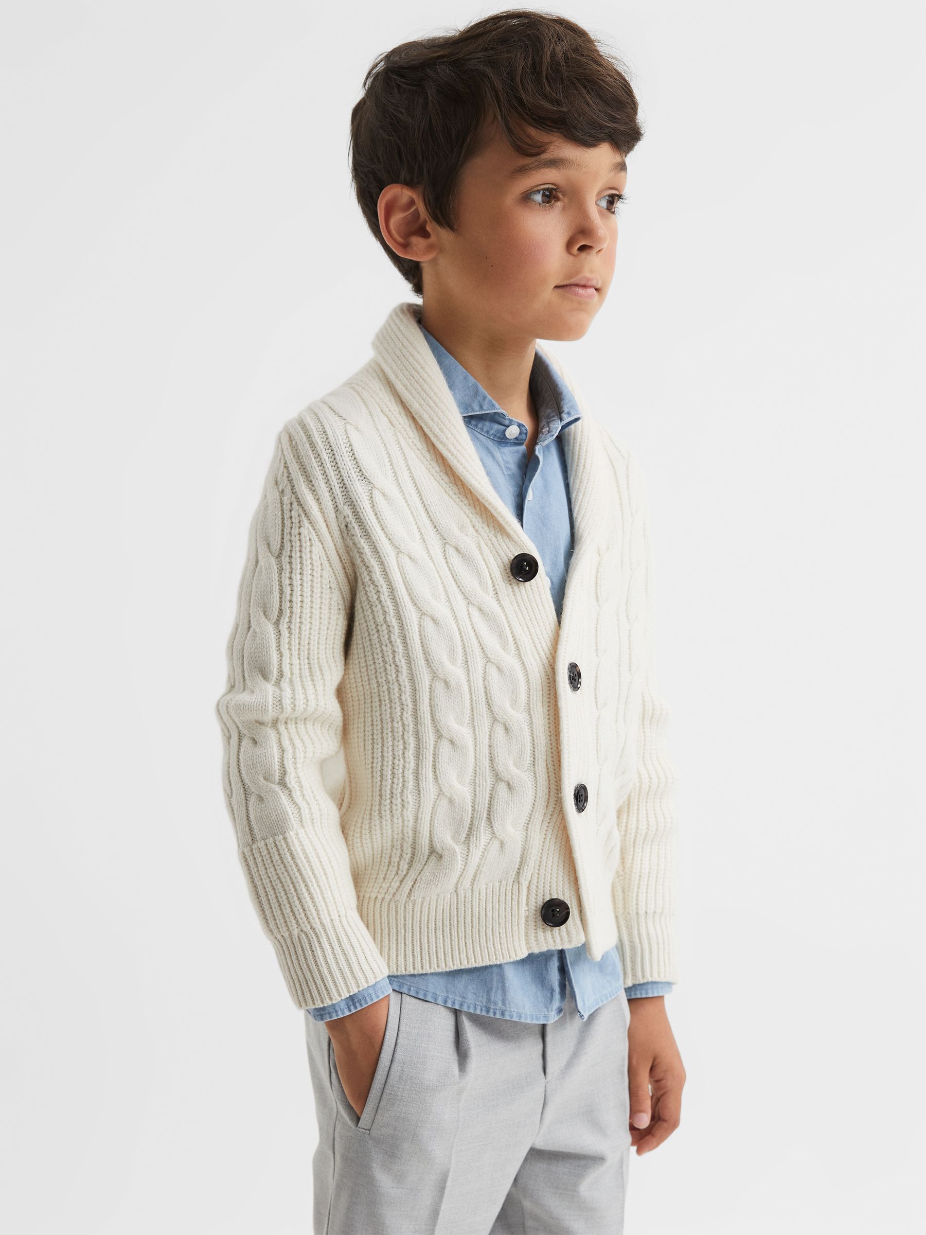 Senior Cable Knit Cardigan in Ecru - Image 1 of 8