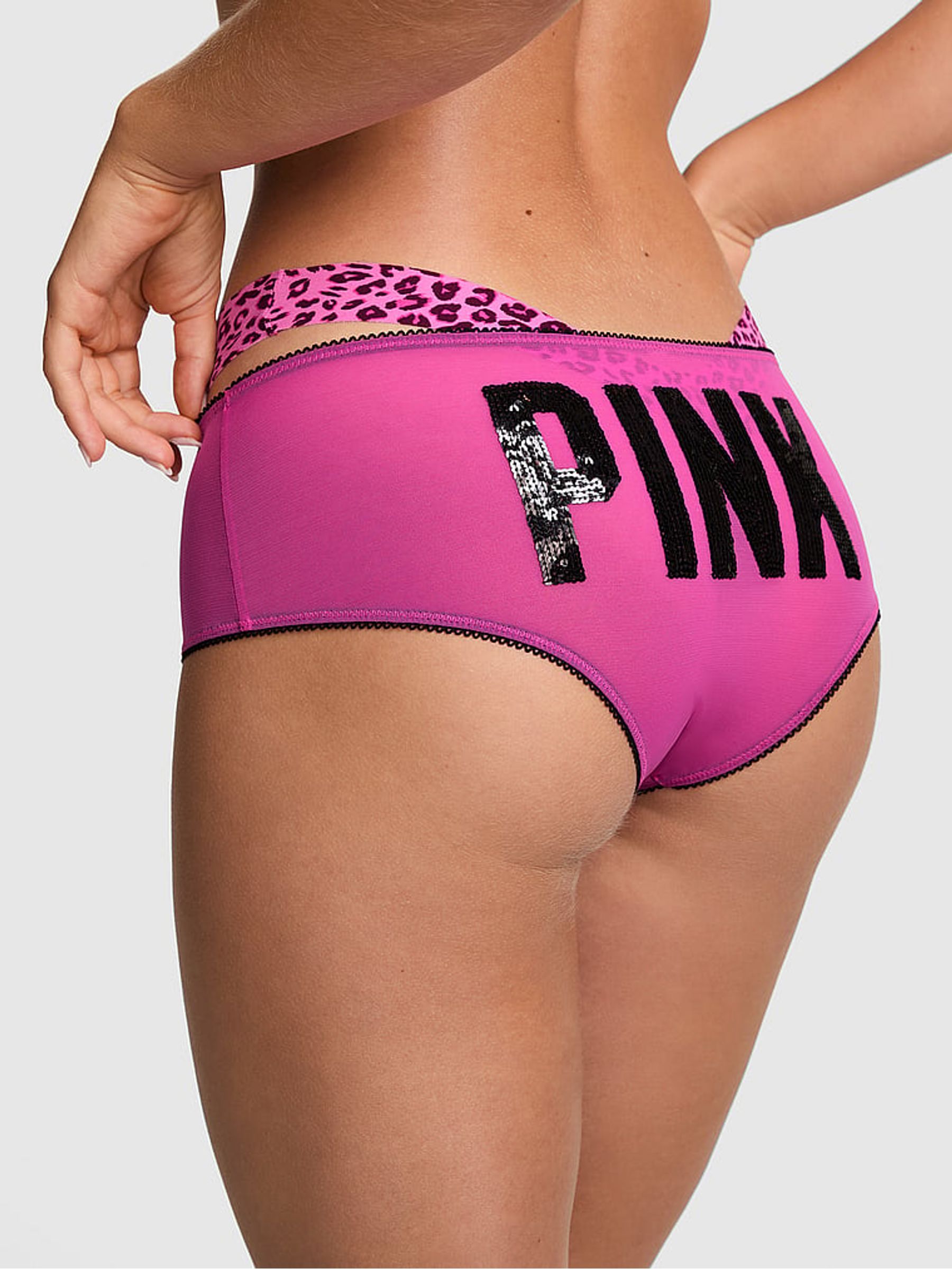 Pink Fire Leopard/Black Double Strap Cheeky Sequin Mesh Knickers - Image 2 of 2