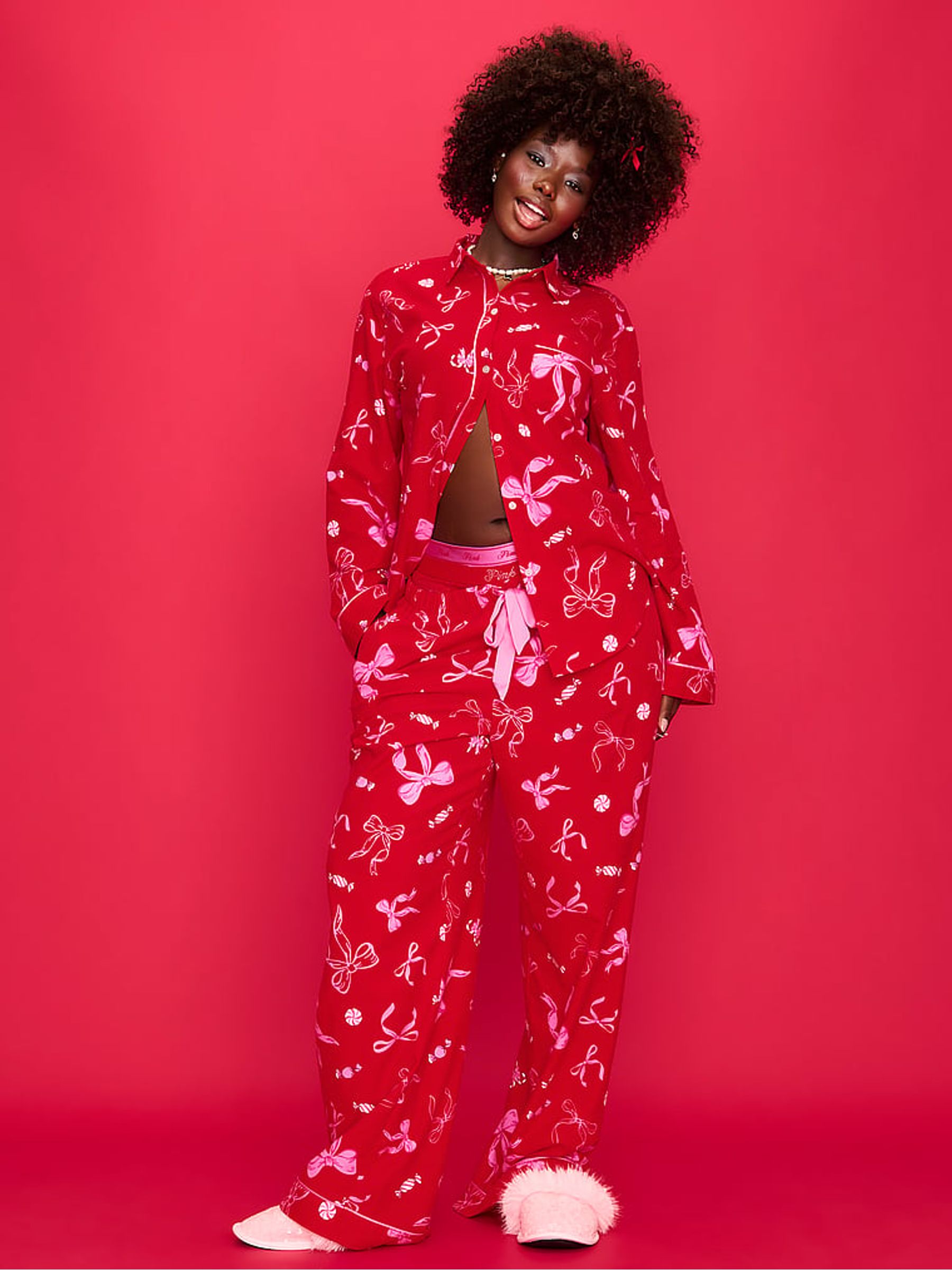 Bright Vermillion Red Bow Print Long Flannel Pyjama Set - Image 1 of 3