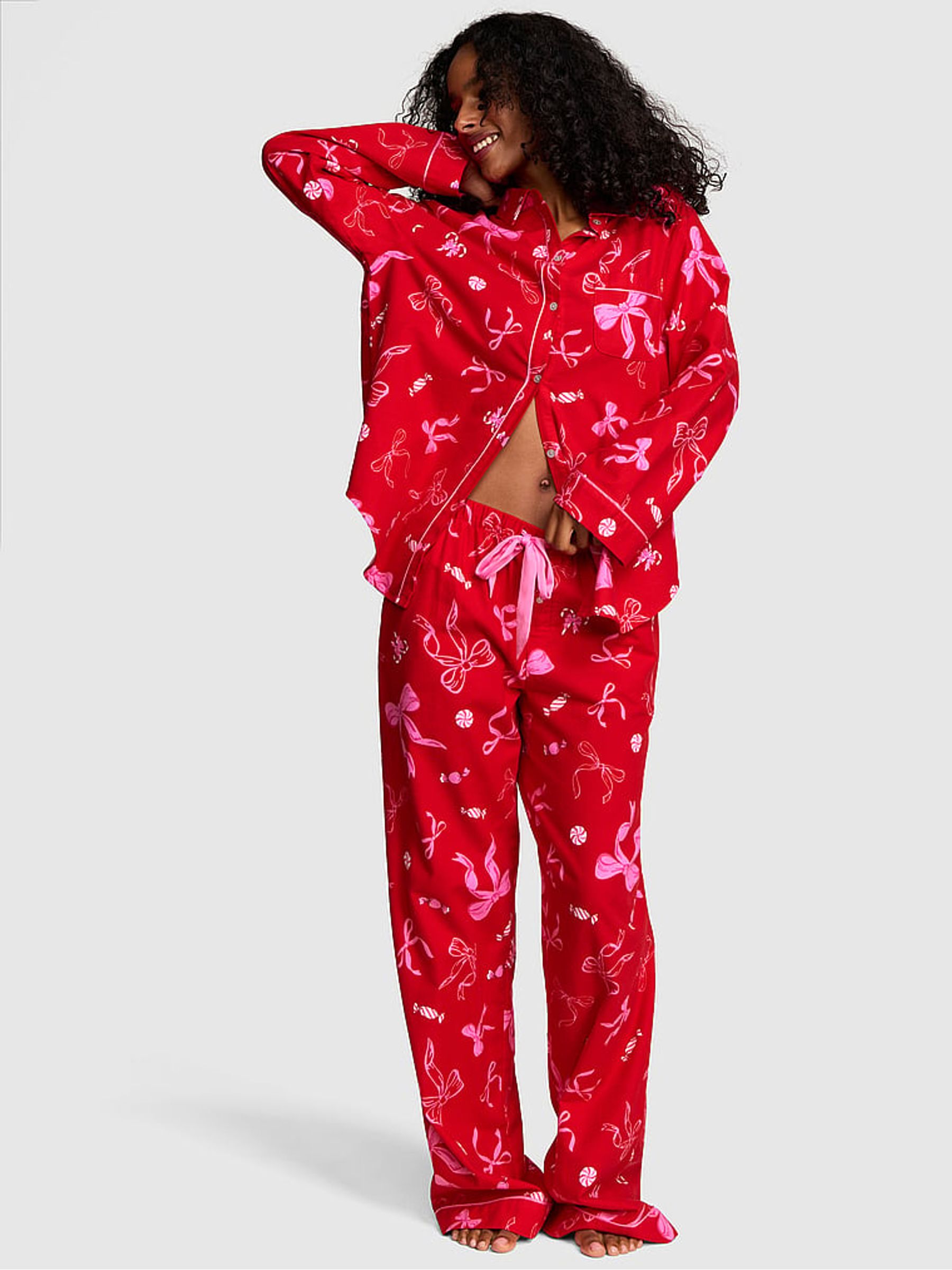 Bright Vermillion Red Bow Print Long Flannel Pyjama Set - Image 2 of 3 Bright Vermillion Red Bow Print Long Flannel Pyjama Set - Image 2 of 3