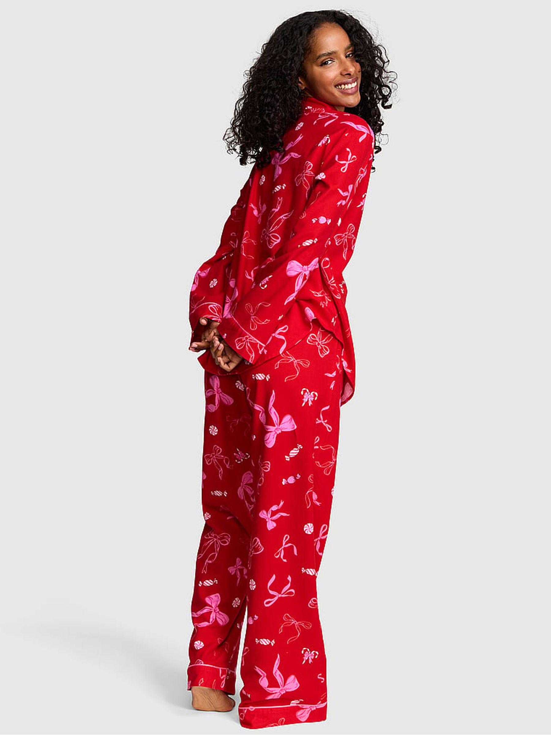 Bright Vermillion Red Bow Print Long Flannel Pyjama Set - Image 3 of 3 Bright Vermillion Red Bow Print Long Flannel Pyjama Set - Image 3 of 3