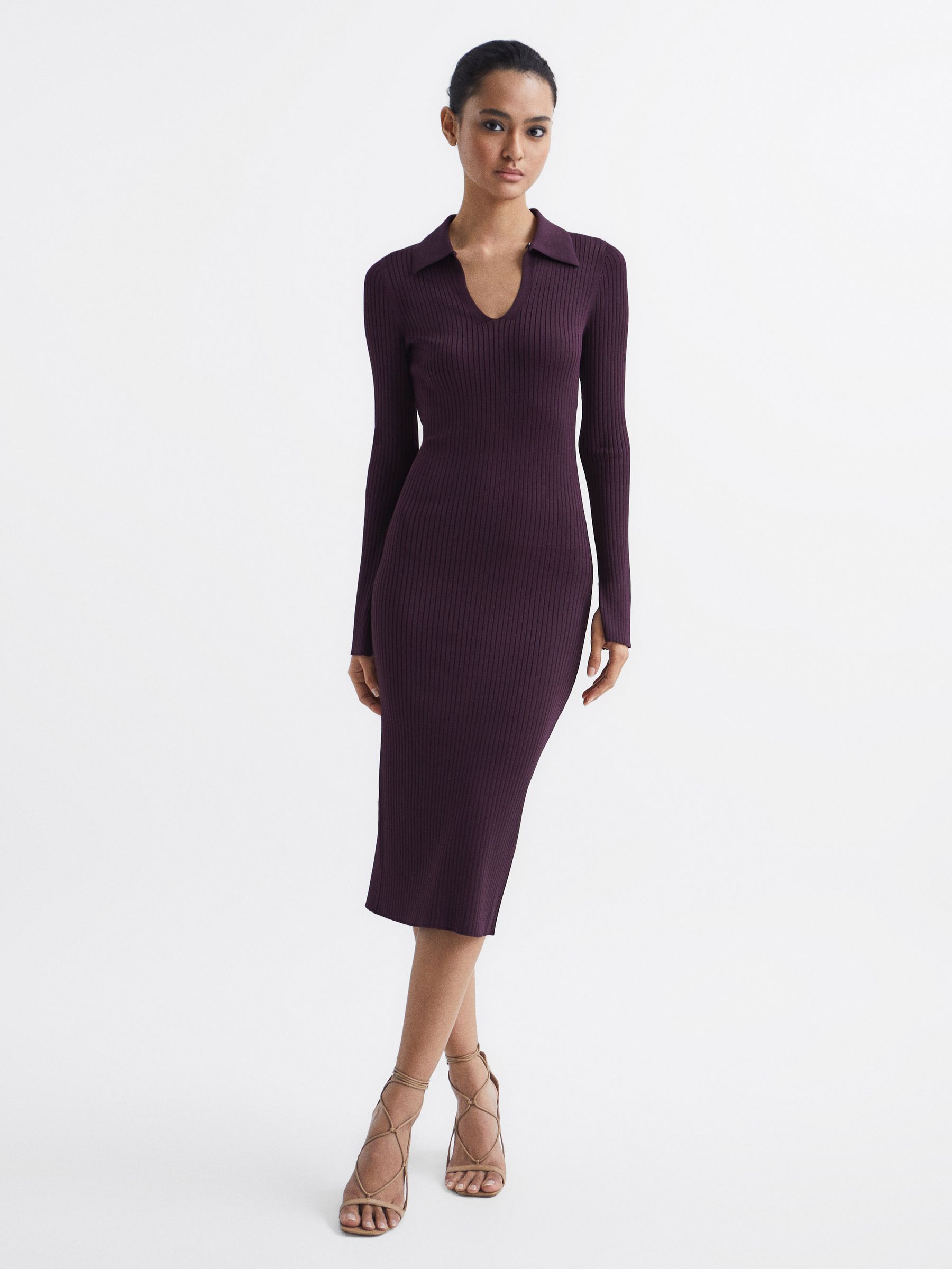 Collared Knitted Bodycon Dress in Purple - Image 1 of 7