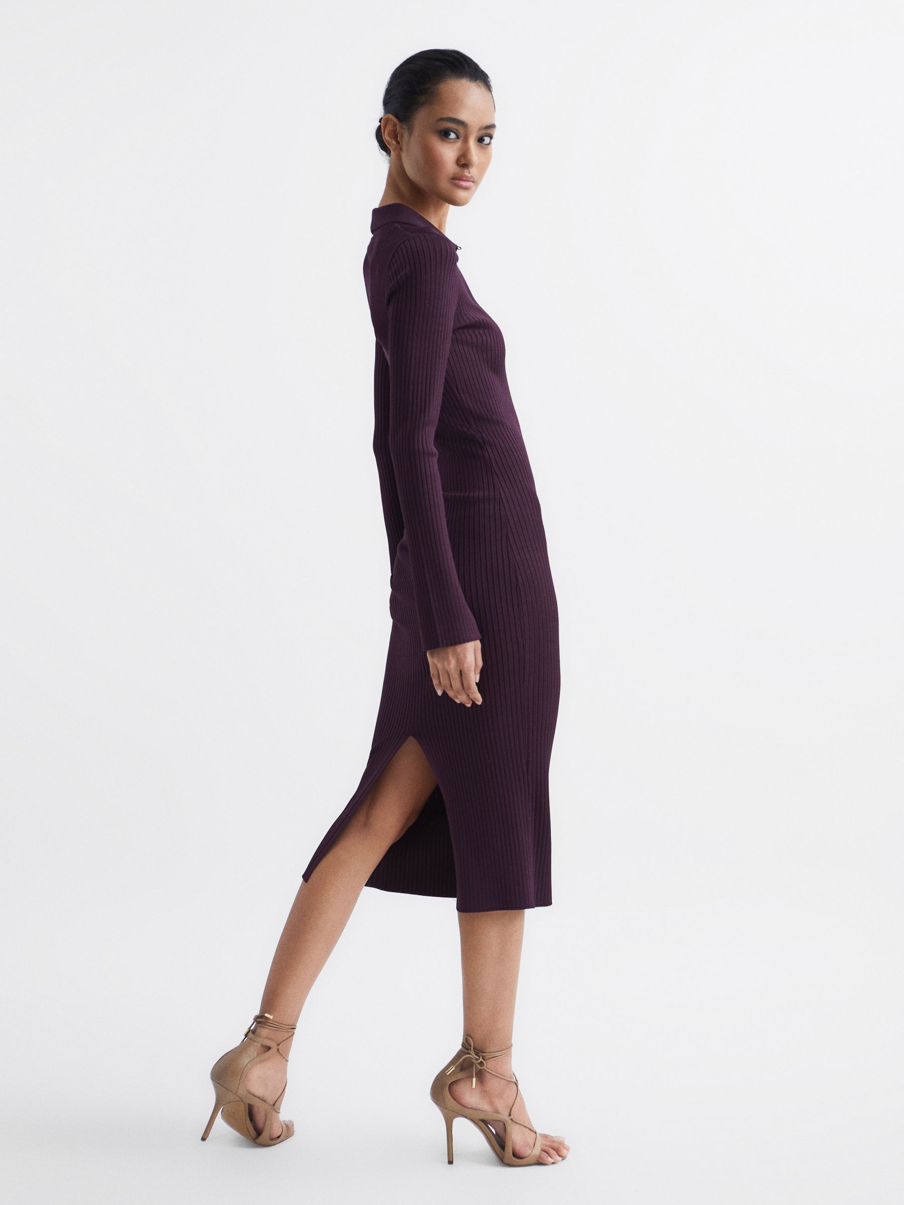 Collared Knitted Bodycon Dress in Purple - Image 3 of 7