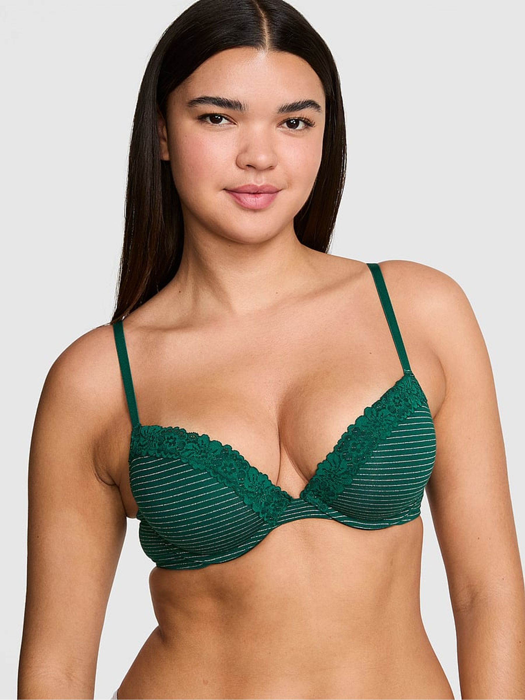 Dark Garden Green Shine Super Push Up Lace Trim Bra - Image 1 of 2