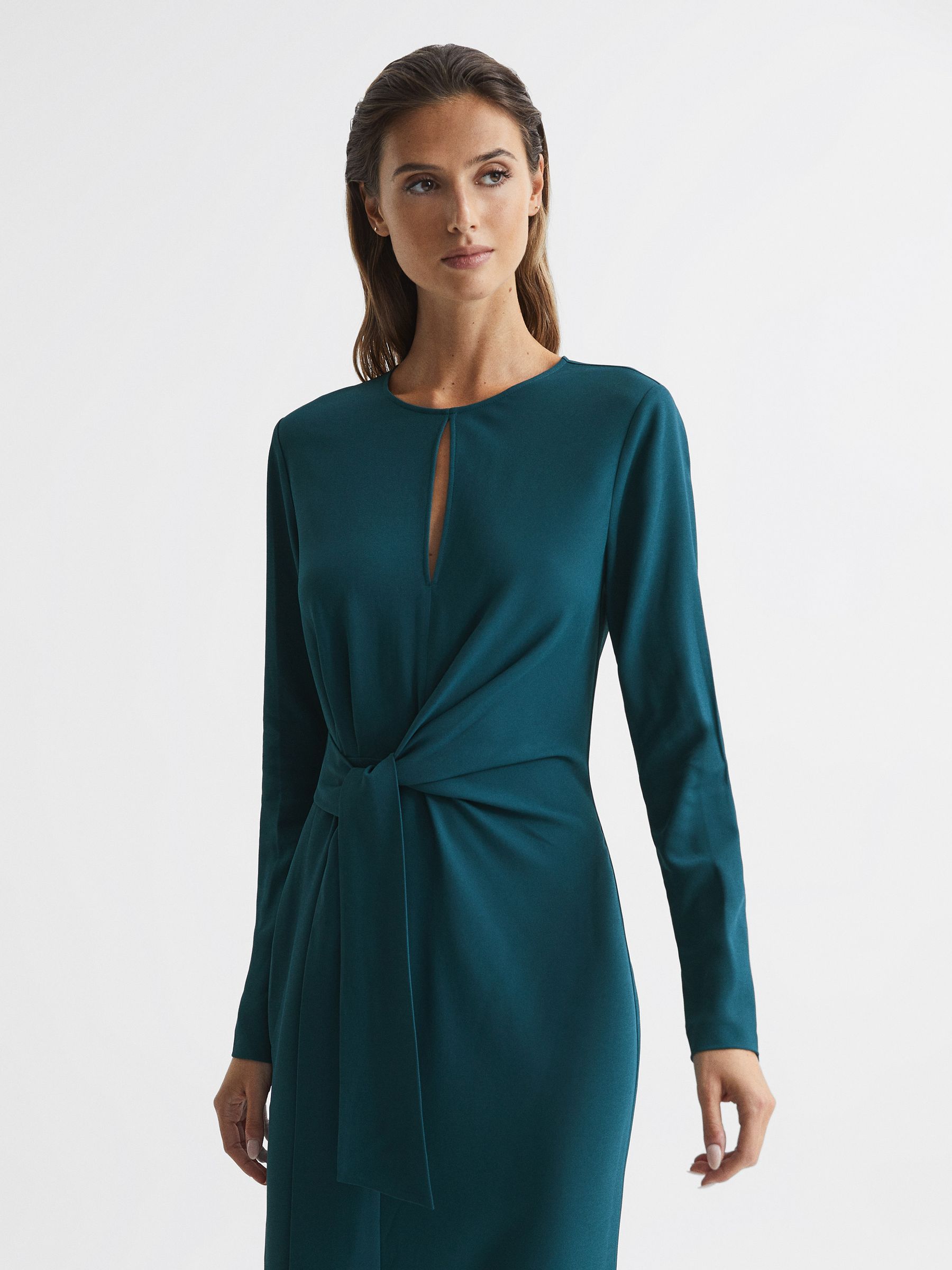 Tie Waist Bodycon Midi Dress in Teal - Image 3 of 5