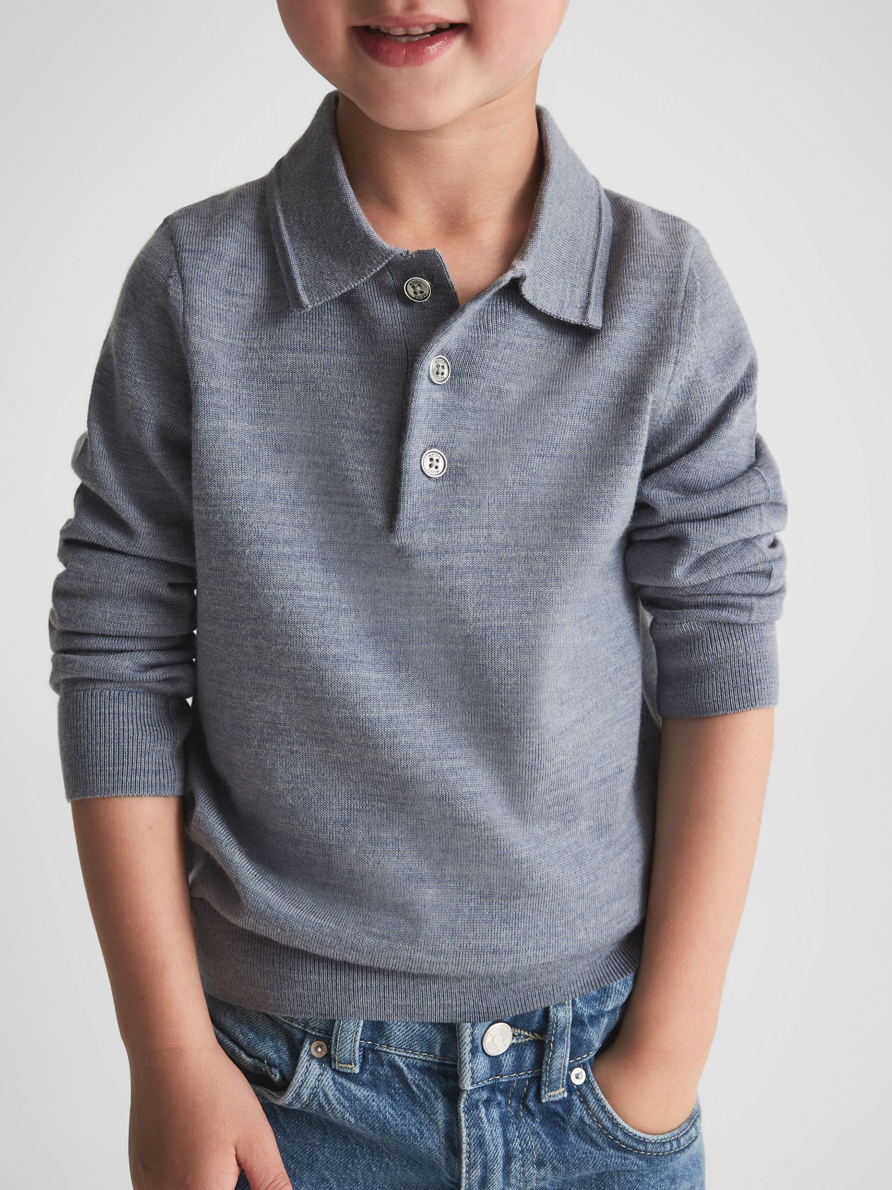 3-9 yrs Merino Wool Polo Shirt in Denim Melange - Image 4 of 6