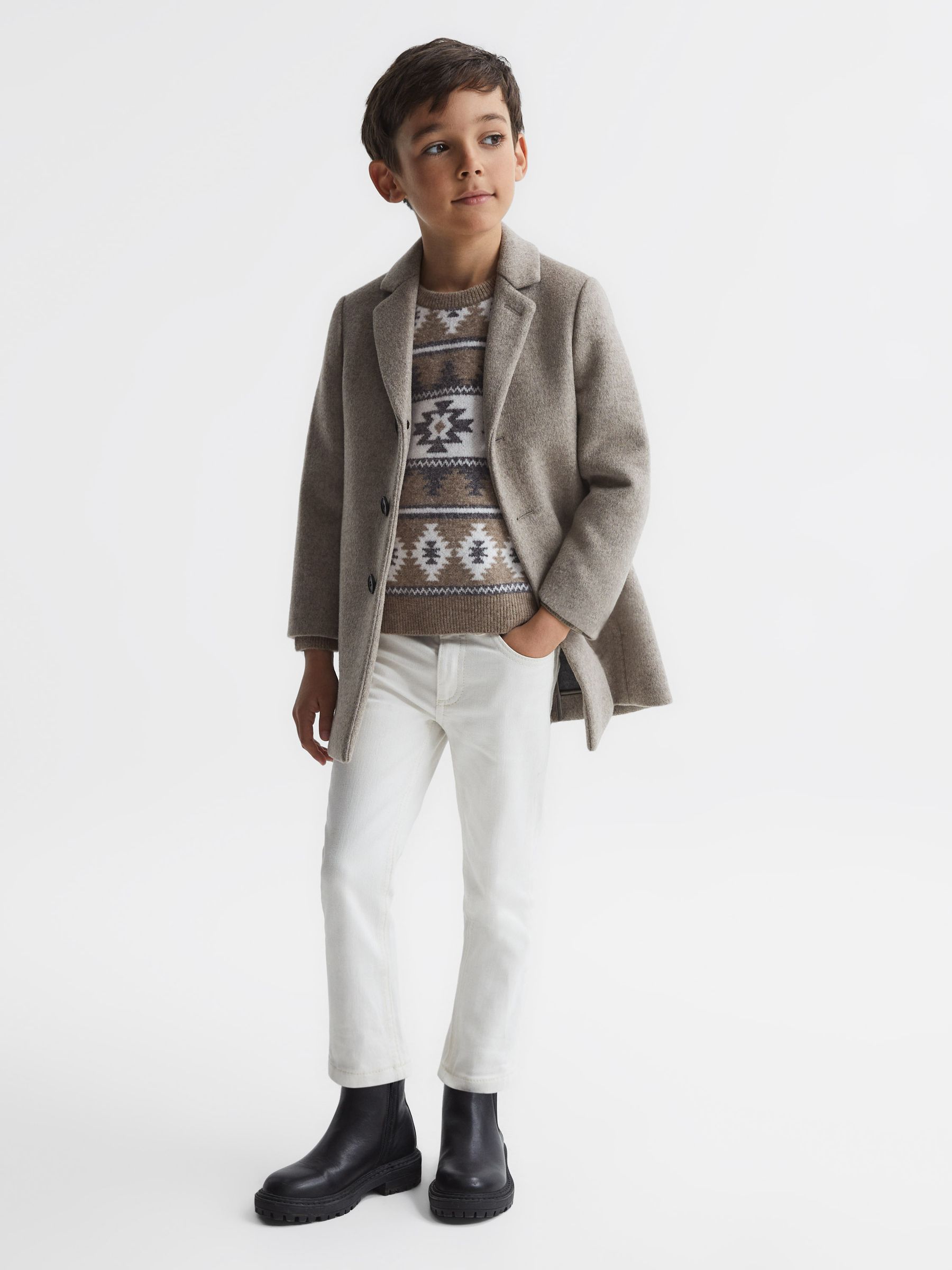 Senior Navajo-Jacquard Wool Blend Jumper in Toast Melange - Image 1 of 6