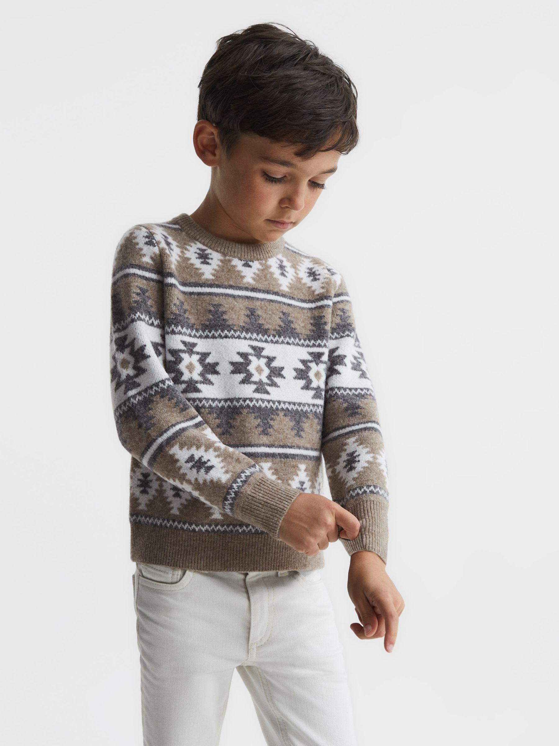 Senior Navajo-Jacquard Wool Blend Jumper in Toast Melange - Image 3 of 6