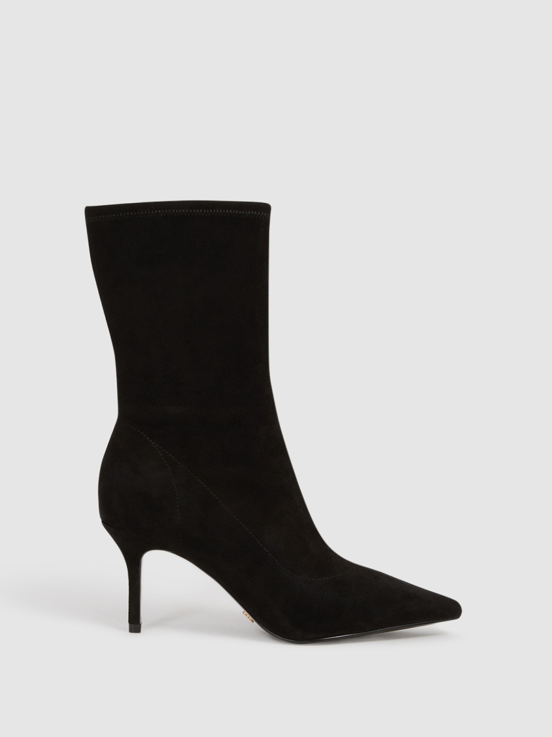 Pointed Kitten Heel Suede Boots in Black - Image 1 of 7