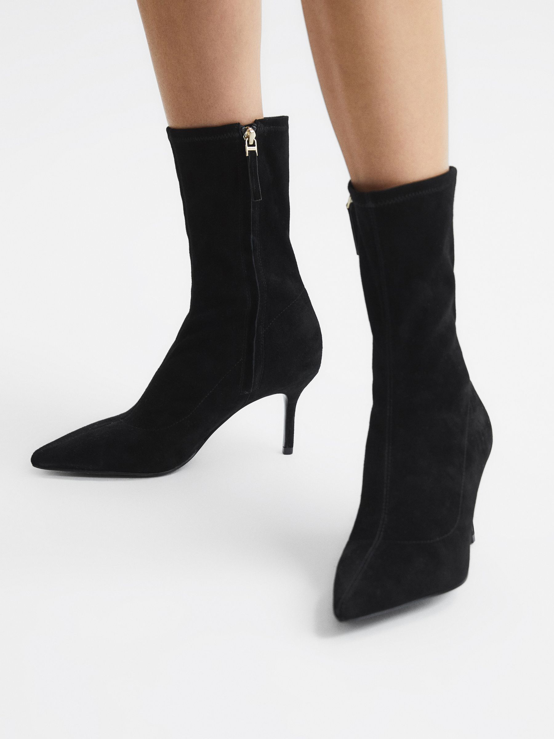 Pointed Kitten Heel Suede Boots in Black - Image 3 of 7