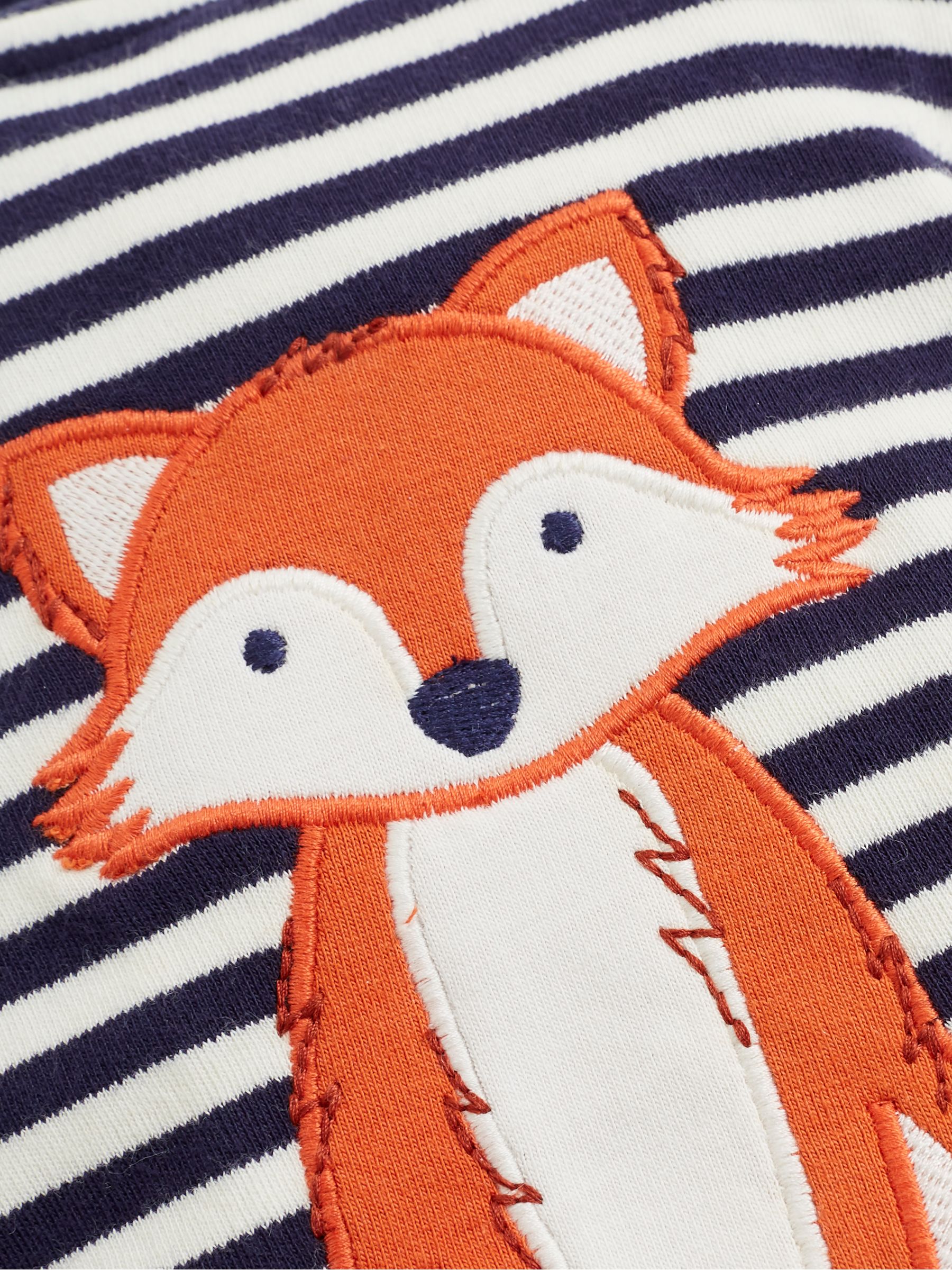 Navy Blue Ecru Cream Stripe Fox Appliqué Zip Cotton Baby Sleepsuit - Image 2 of 4