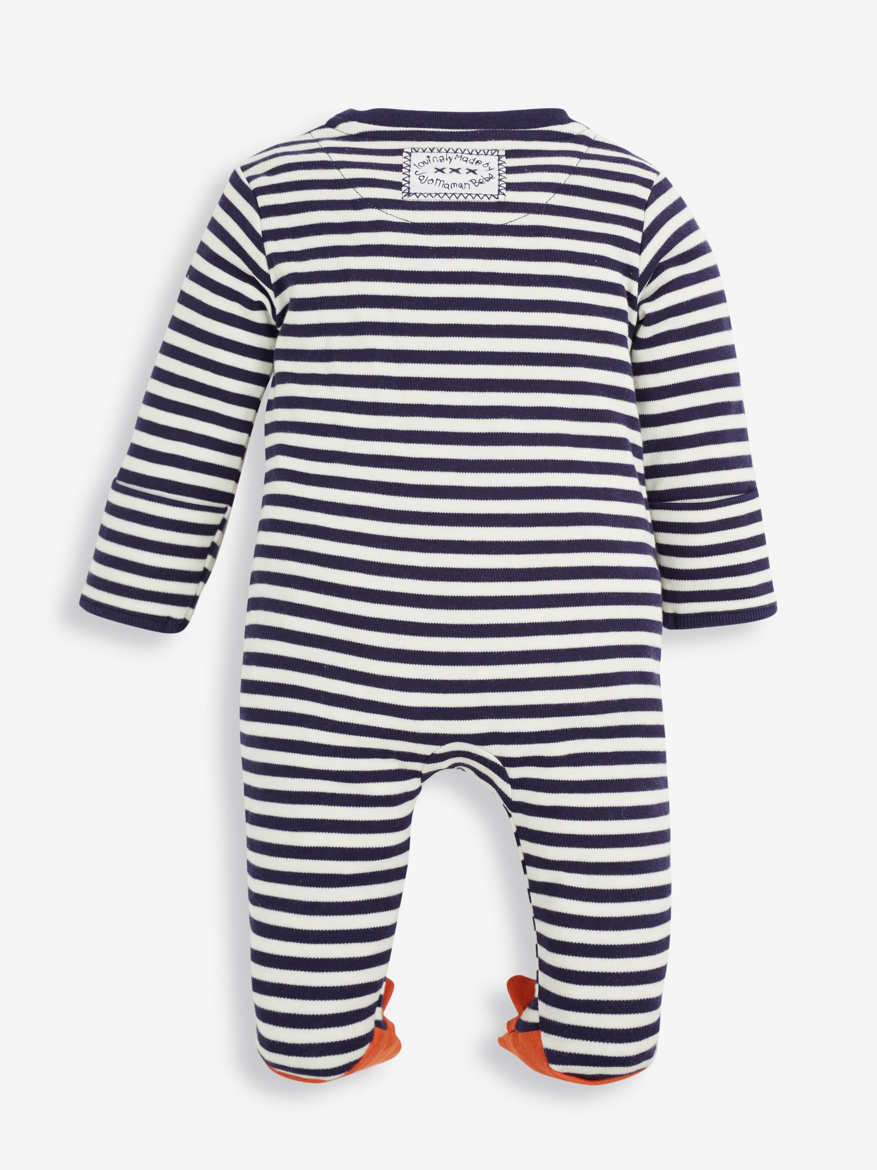 Navy Blue Ecru Cream Stripe Fox Appliqué Zip Cotton Baby Sleepsuit - Image 4 of 4