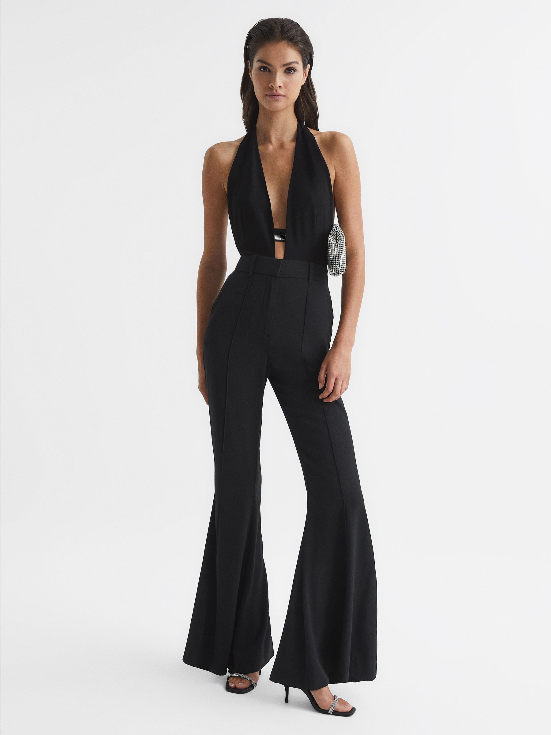 Diamante-Embellished Plunge-Neck Bodysuit in Black - Image 3 of 7