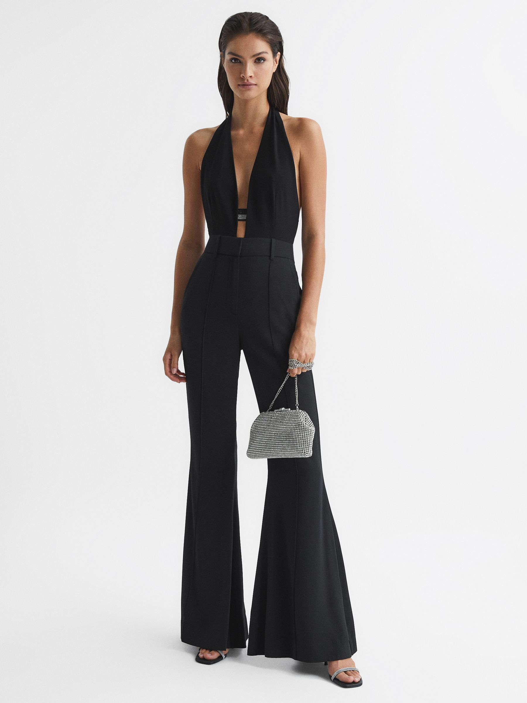 Diamante-Embellished Plunge-Neck Bodysuit in Black - Image 6 of 7