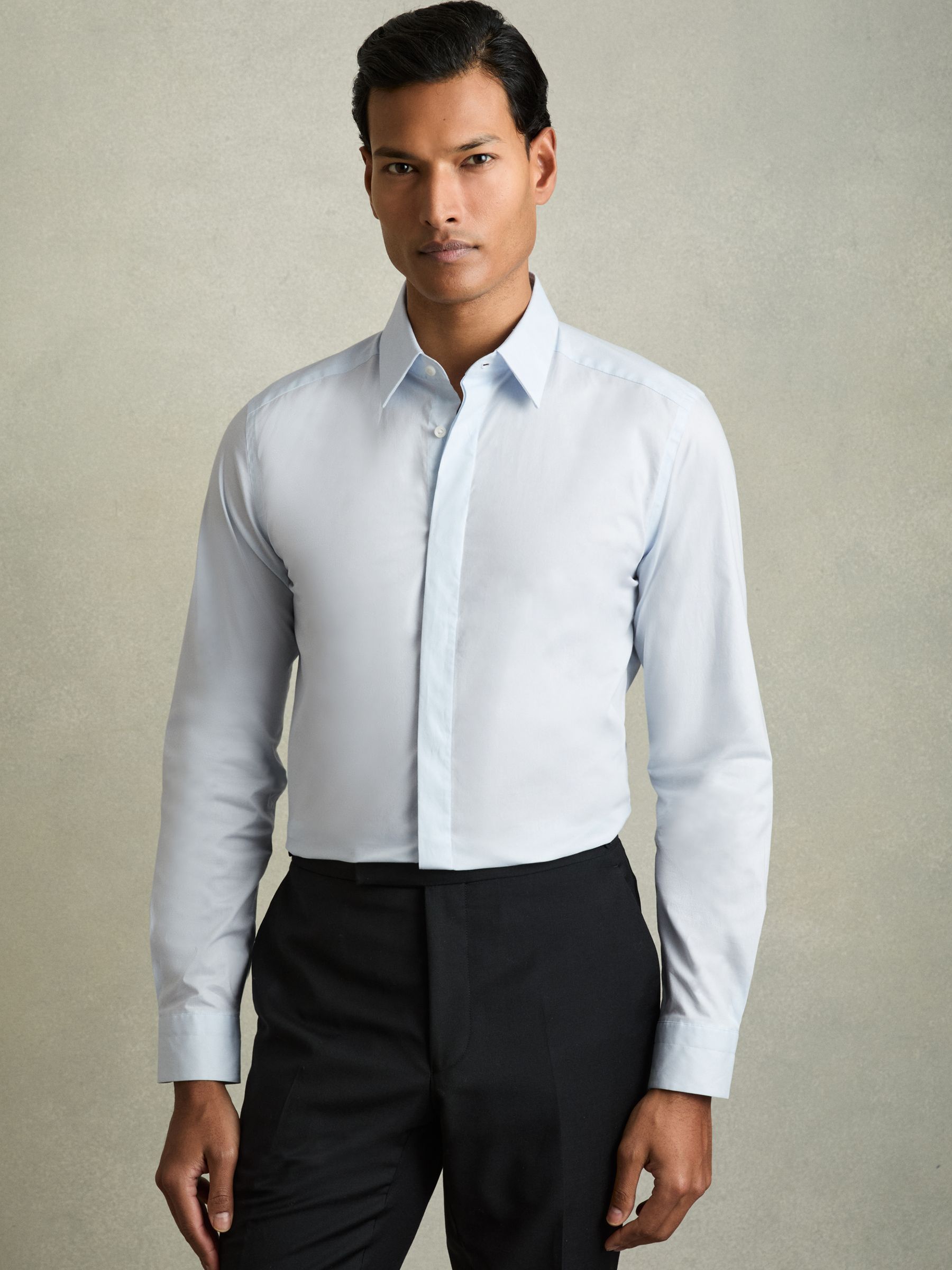 Slim Fit Cotton Blend Shirt in Blue - Image 1 of 7