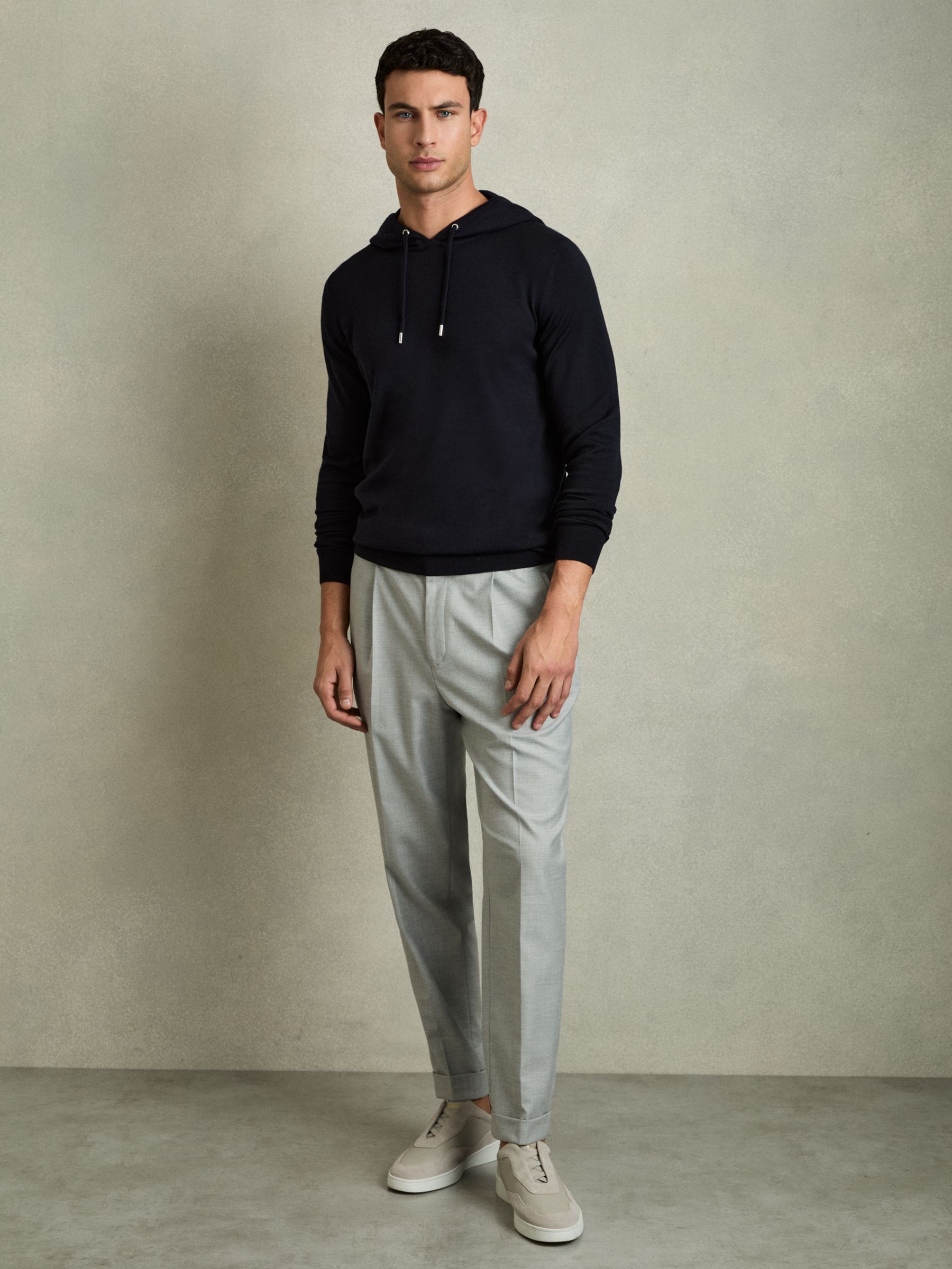 Merino Wool Drawstring Hoodie in Navy - Image 3 of 7