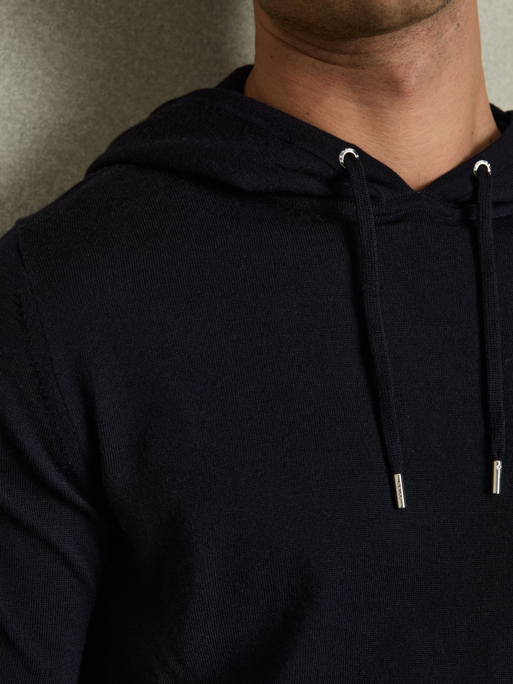 Merino Wool Drawstring Hoodie in Navy - Image 4 of 7