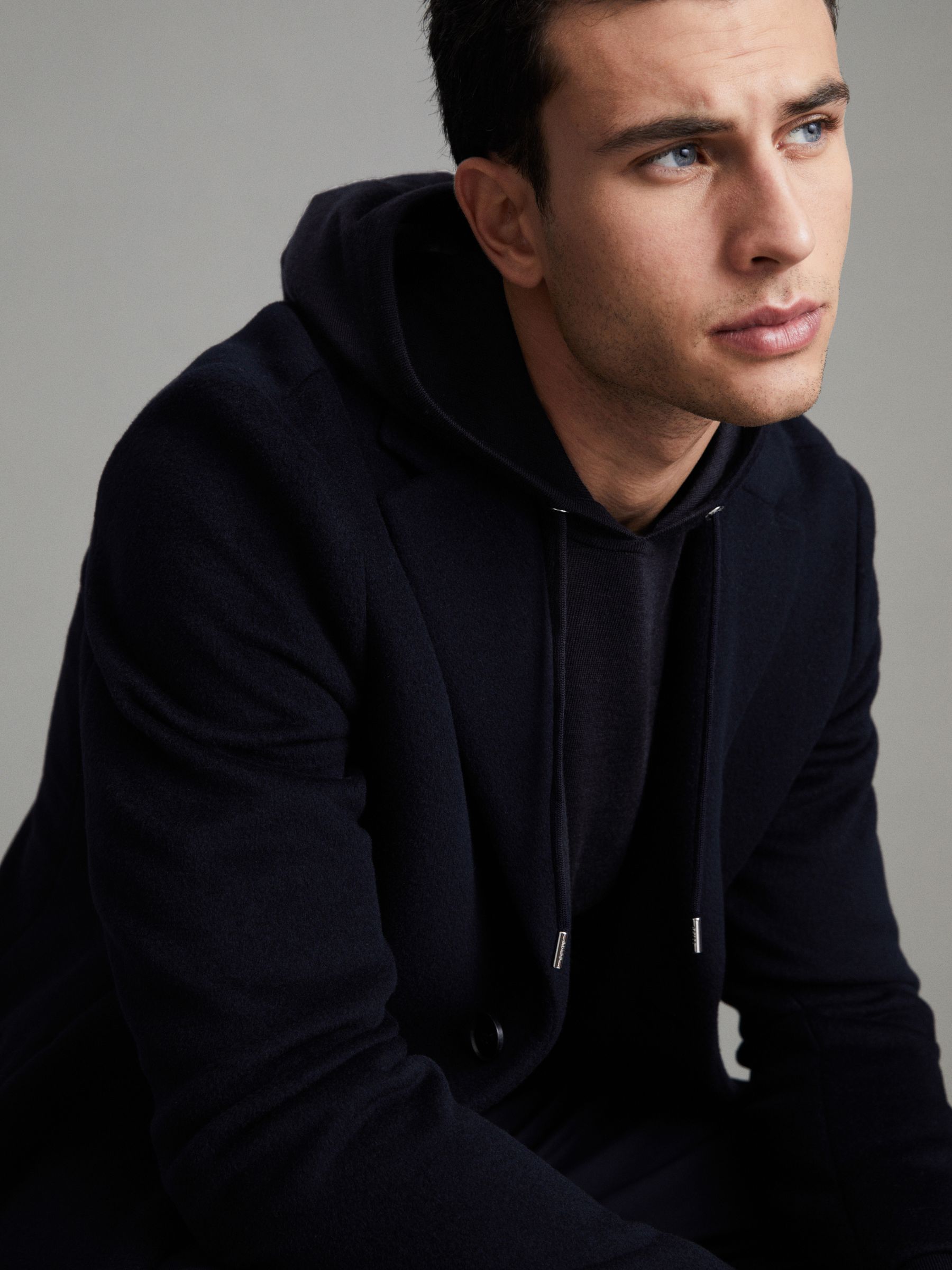 Merino Wool Drawstring Hoodie in Navy - Image 7 of 7