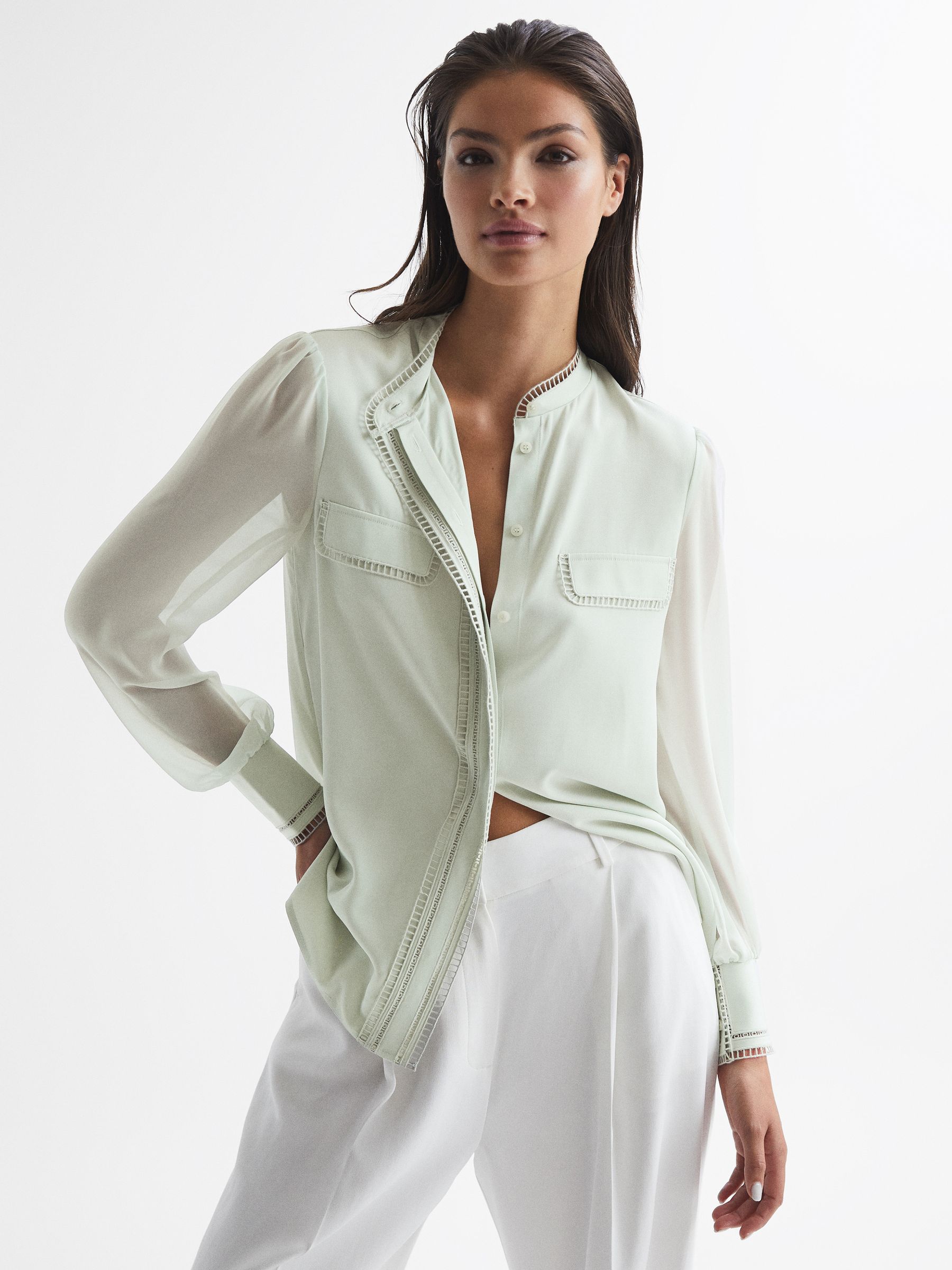 Ladder Trim Detail Blouse in Aqua - Image 1 of 7