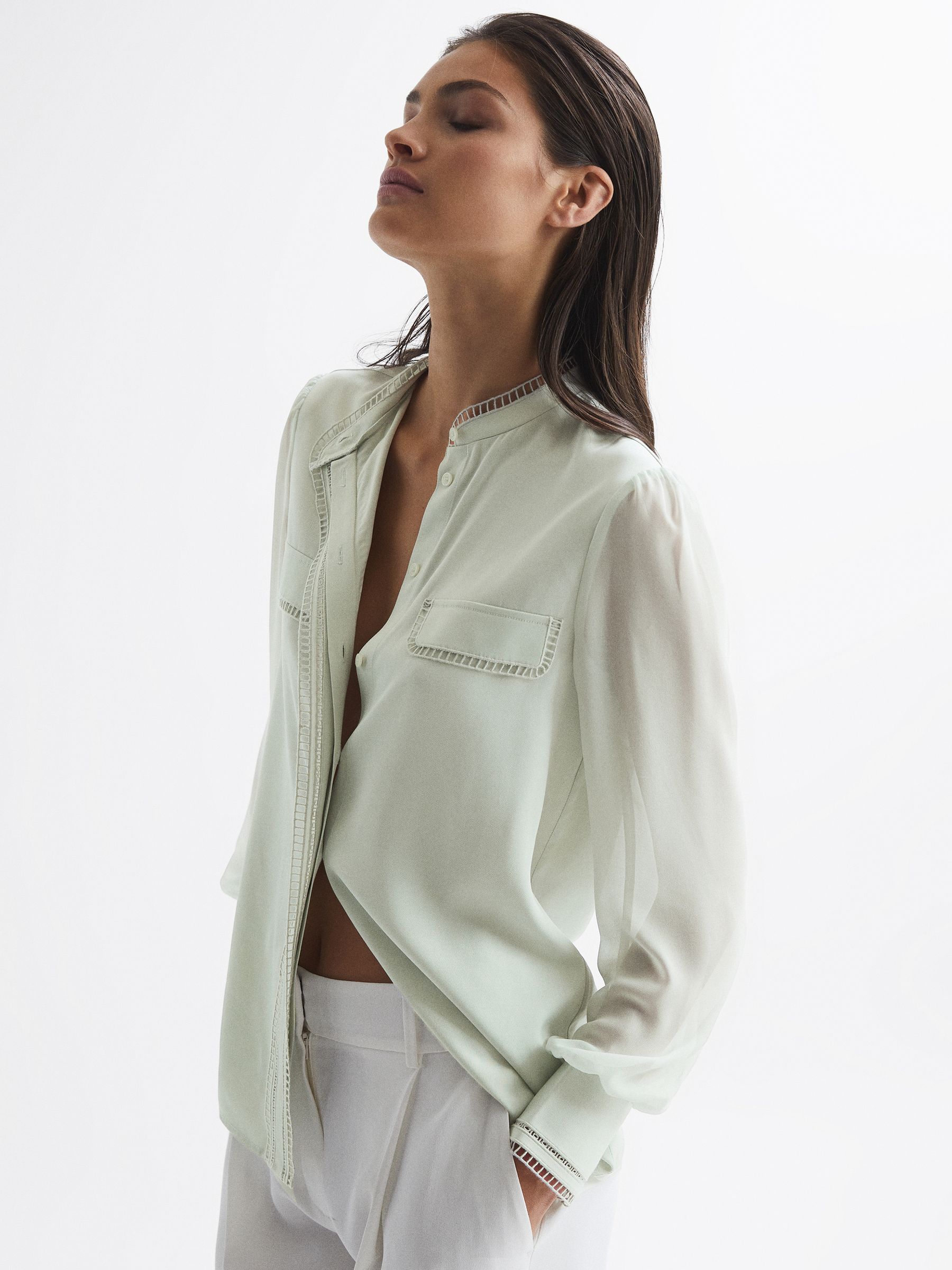 Ladder Trim Detail Blouse in Aqua - Image 6 of 7