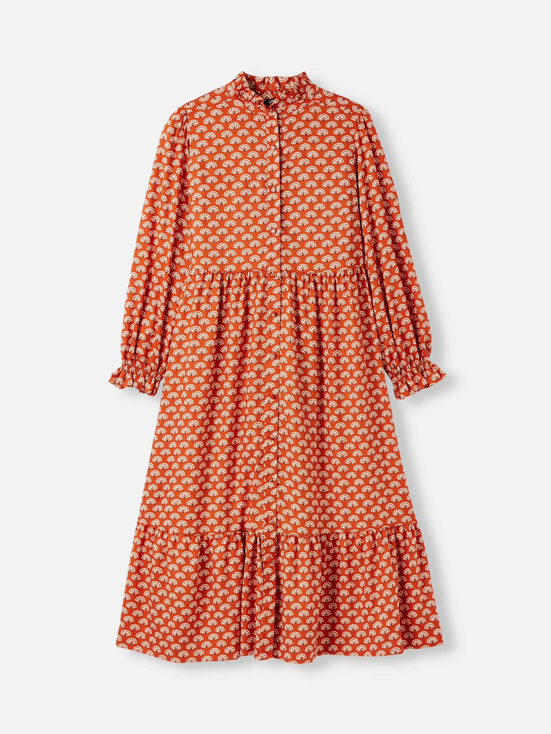 Josie Burnt Orange Midi Tier Dress with Frill Neck - Image 1 of 1