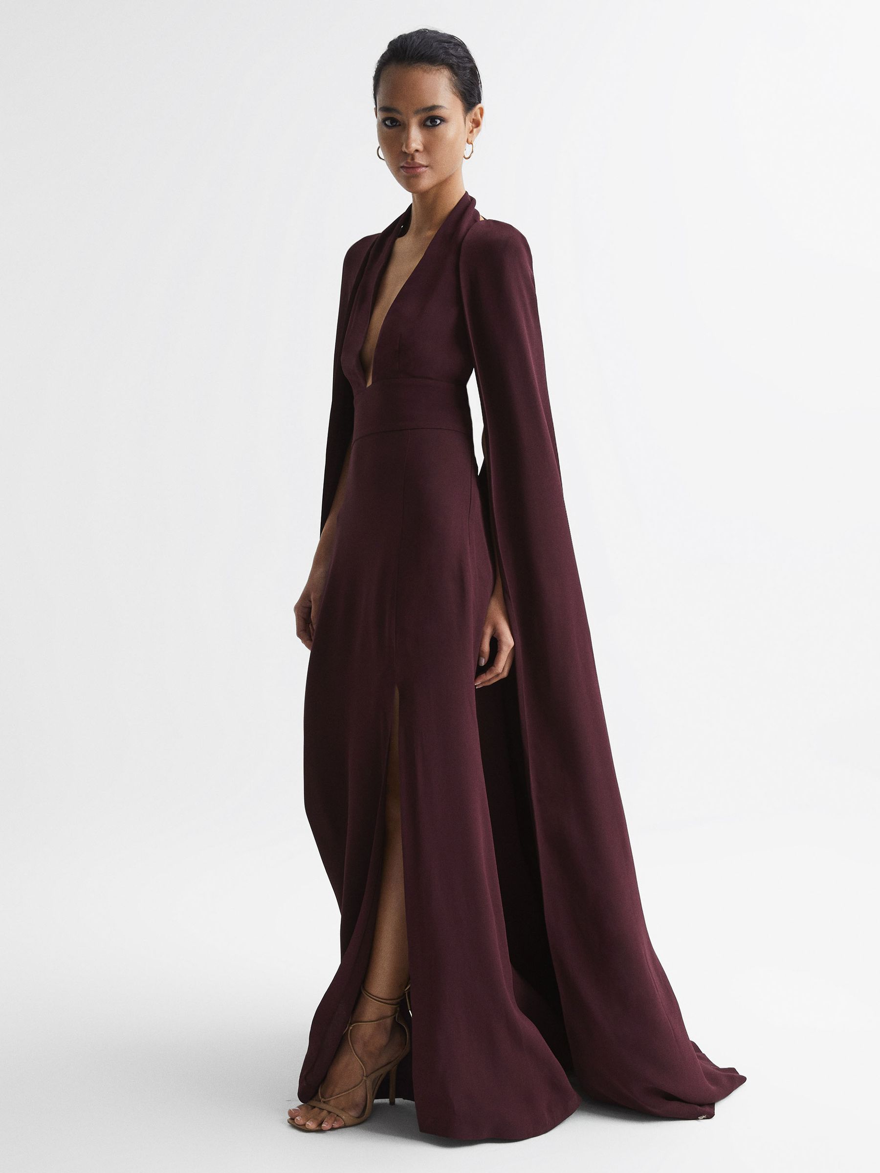 Maxi Dress With Cape in Burgundy - Image 1 of 9