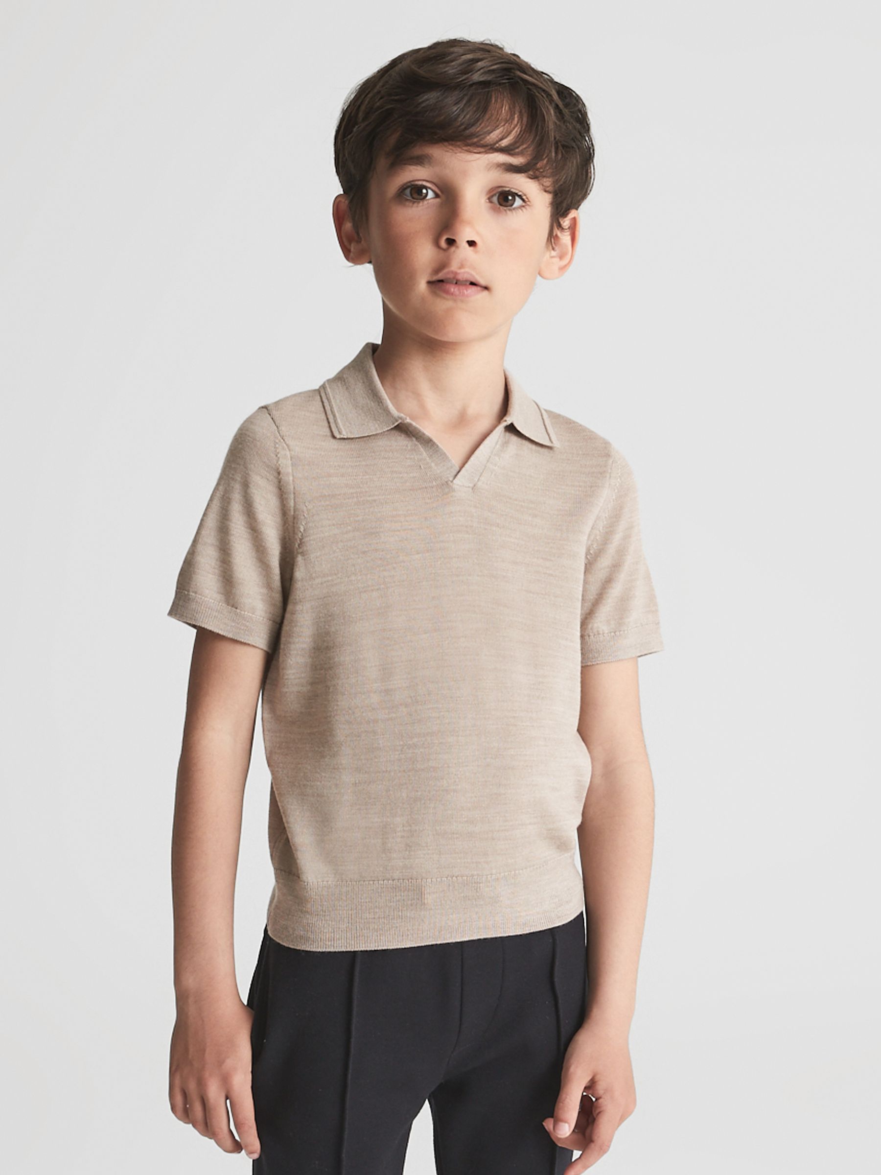 Junior Merino Wool Open Collar Polo Shirt in Wheat Melange - Image 1 of 7