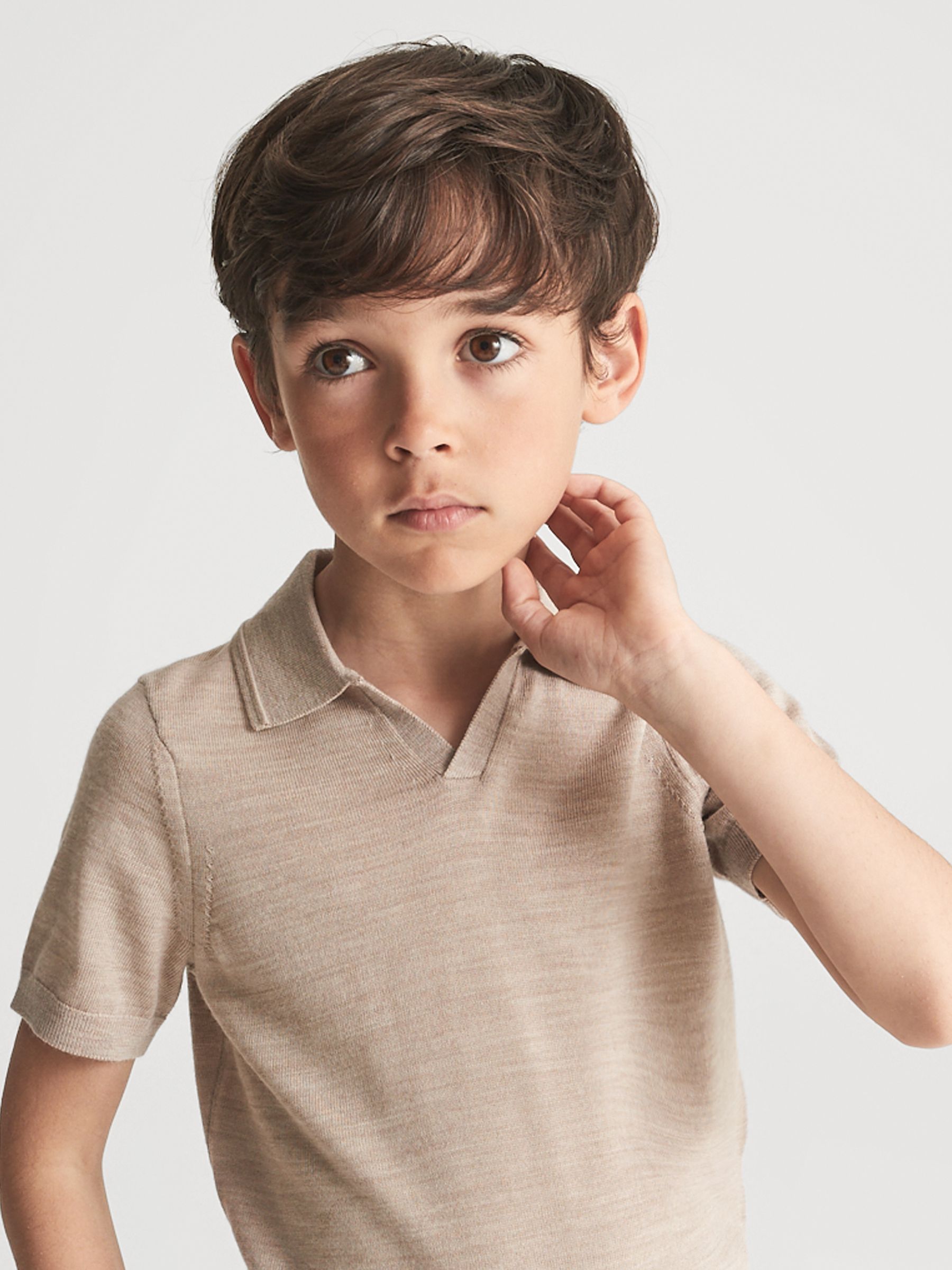 Junior Merino Wool Open Collar Polo Shirt in Wheat Melange - Image 6 of 7