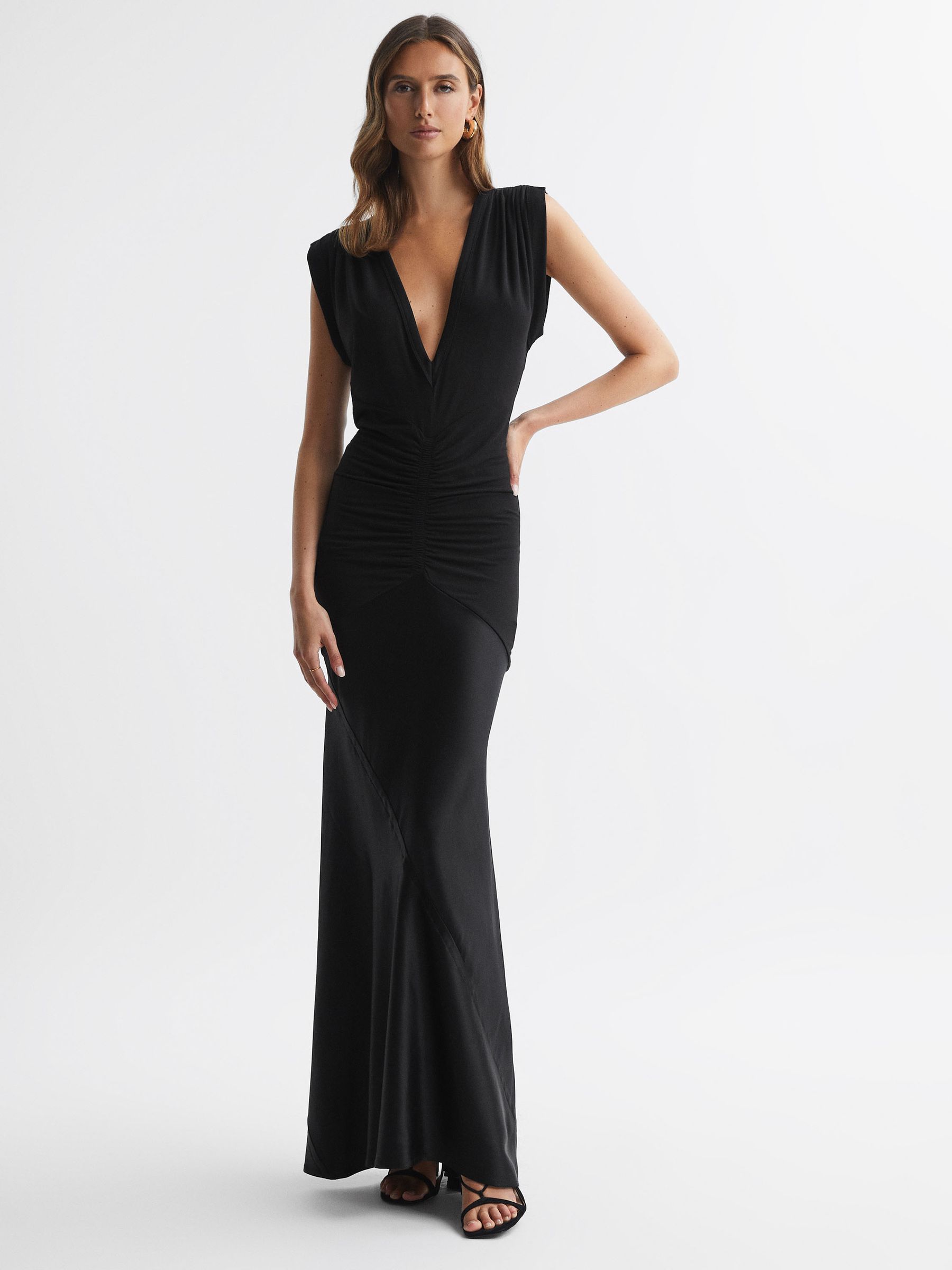 Plunge V-Neck Sleeveless Maxi Dress in Black - Image 1 of 8