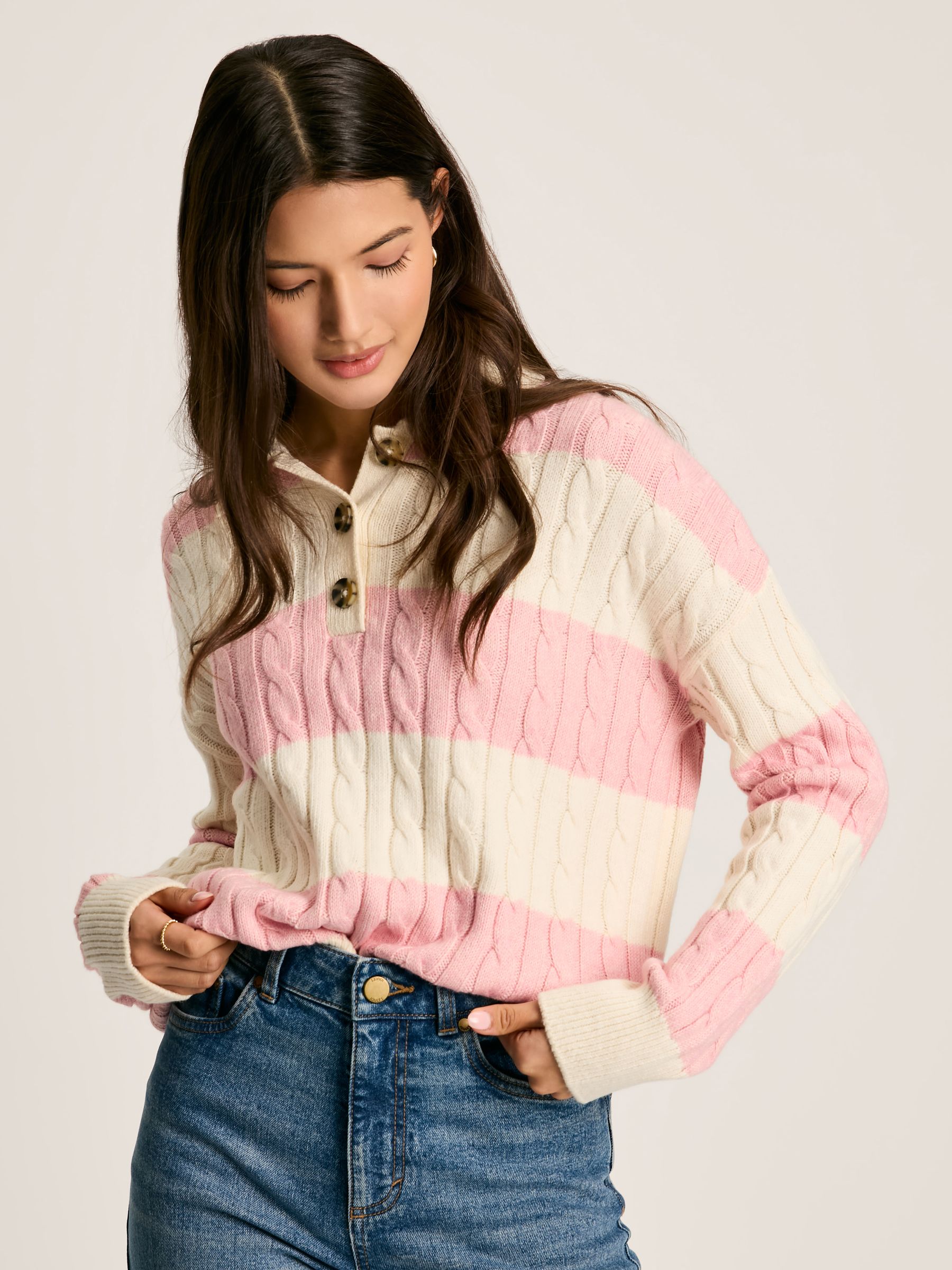 Love All Pink Cable Knit Jumper with Button Collar - Image 1 of 7