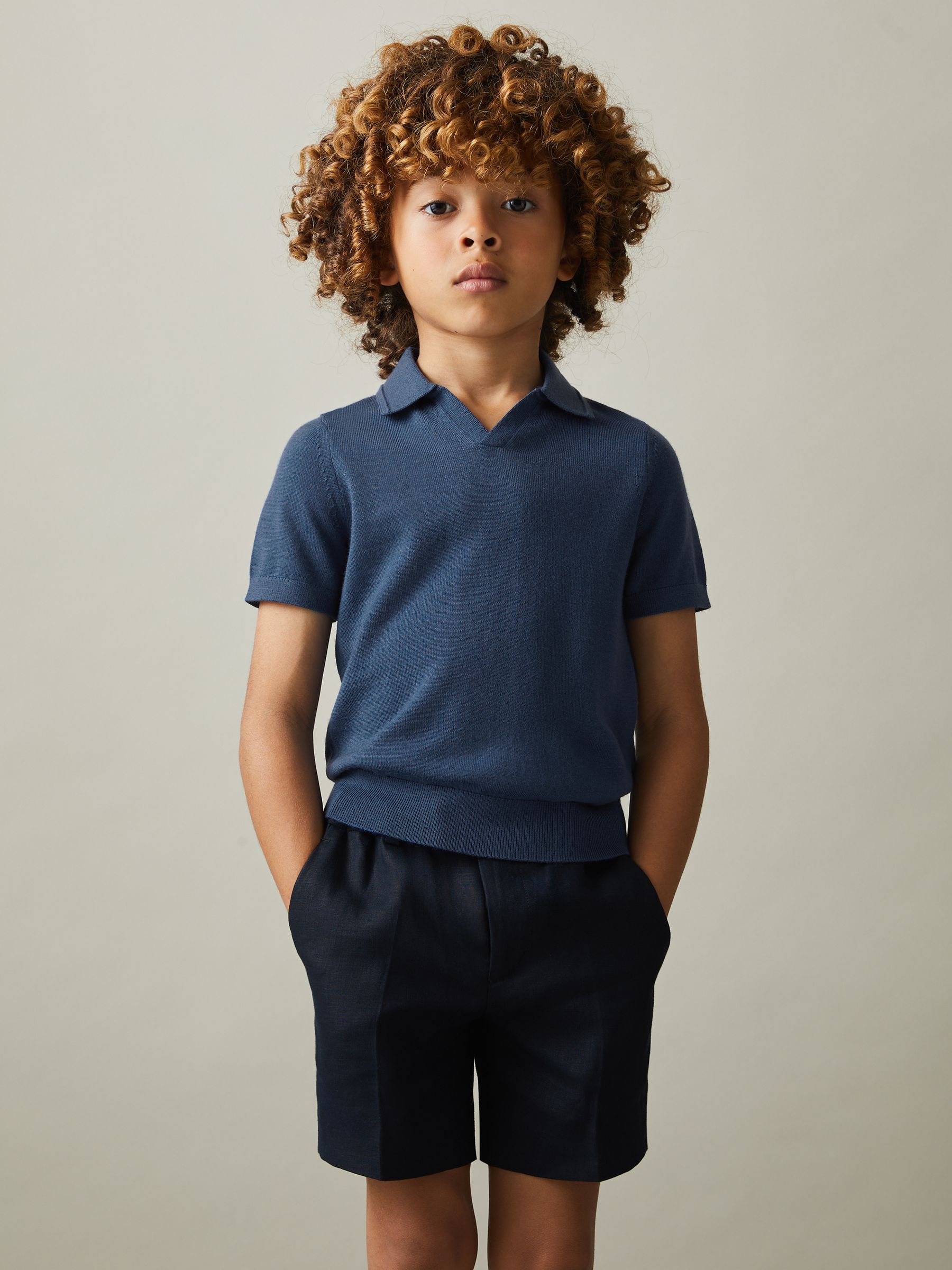 Merino Wool Open Collar Polo Shirt in Dove Blue - Image 1 of 7