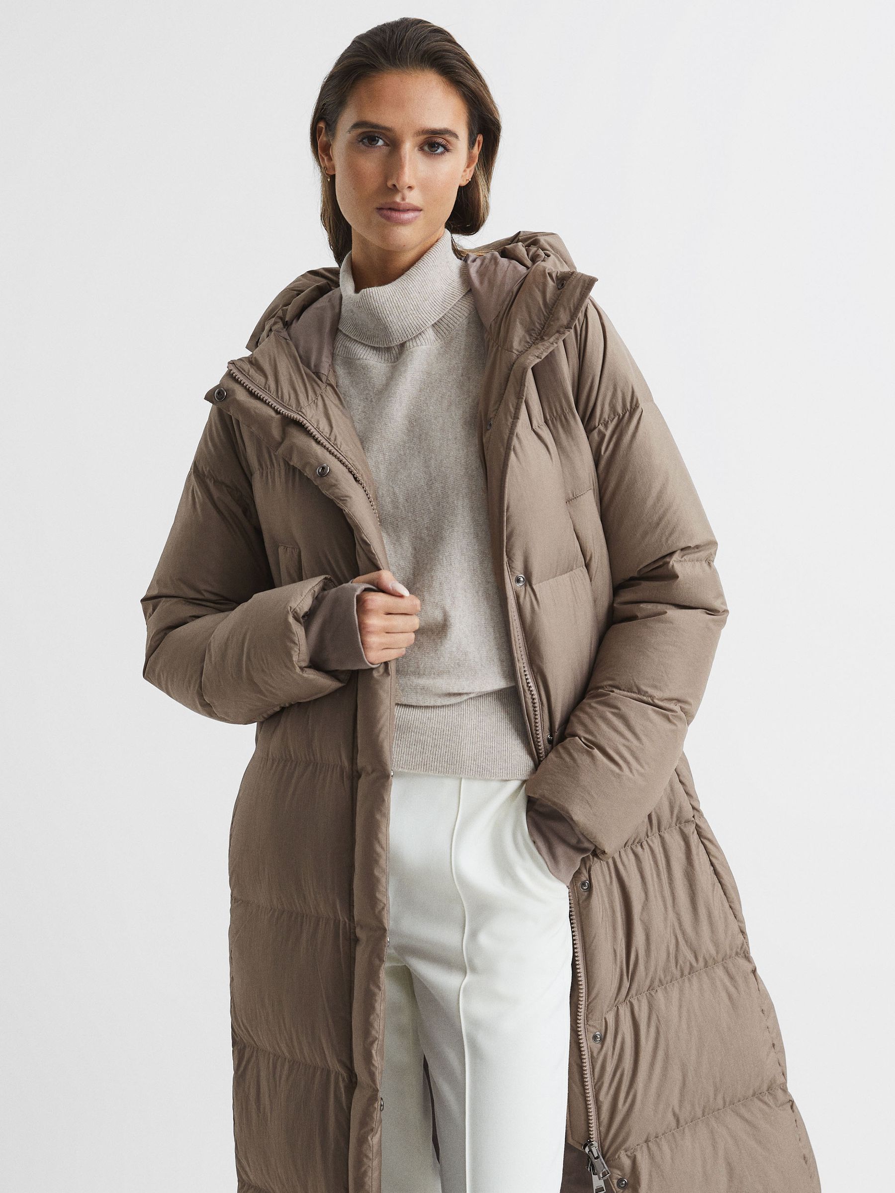 Longline Hooded Puffer Coat in Mink - Image 3 of 8