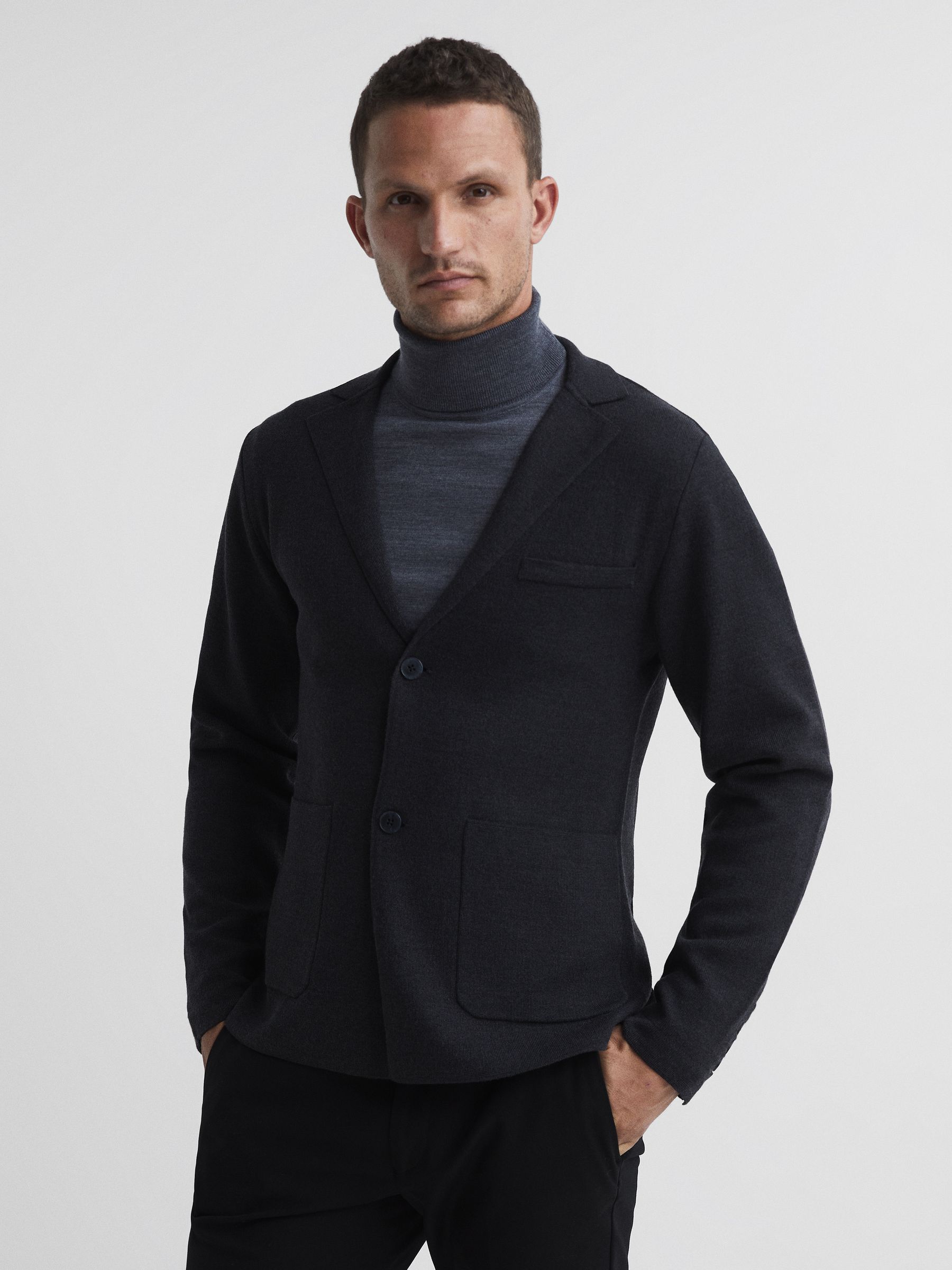 Single Breasted Knitted Blazer in Charcoal Melange - Image 1 of 7