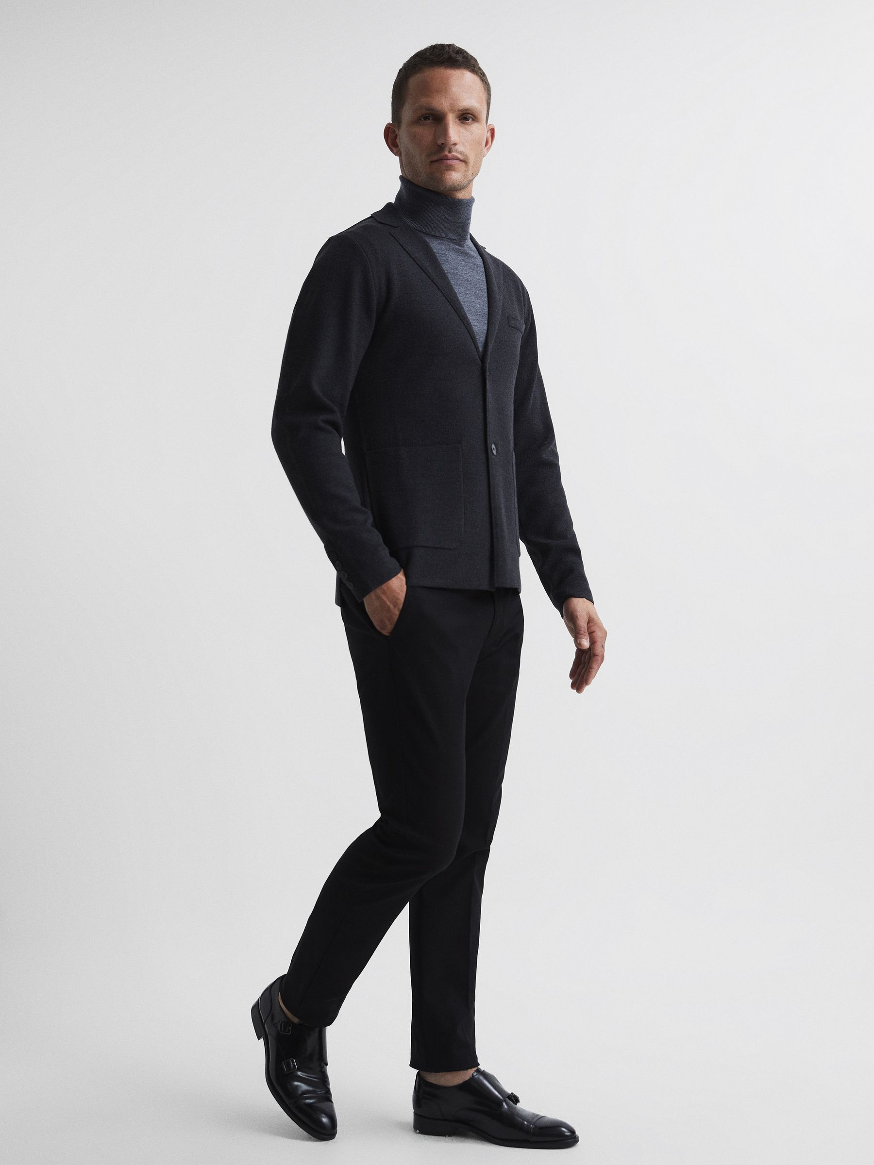 Single Breasted Knitted Blazer in Charcoal Melange - Image 3 of 7