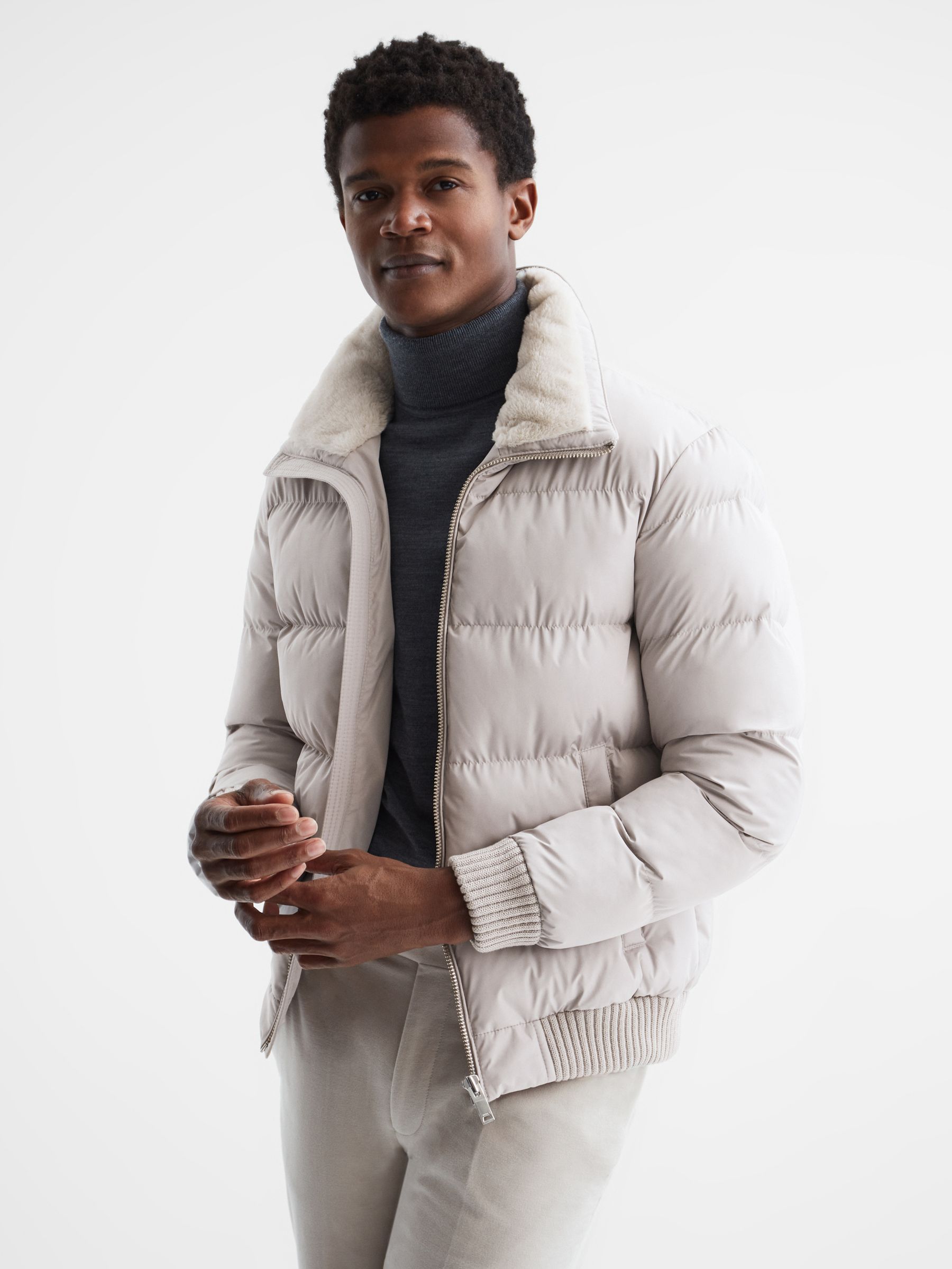 Faux Fur Trim Puffer Jacket in Stone - Image 1 of 6