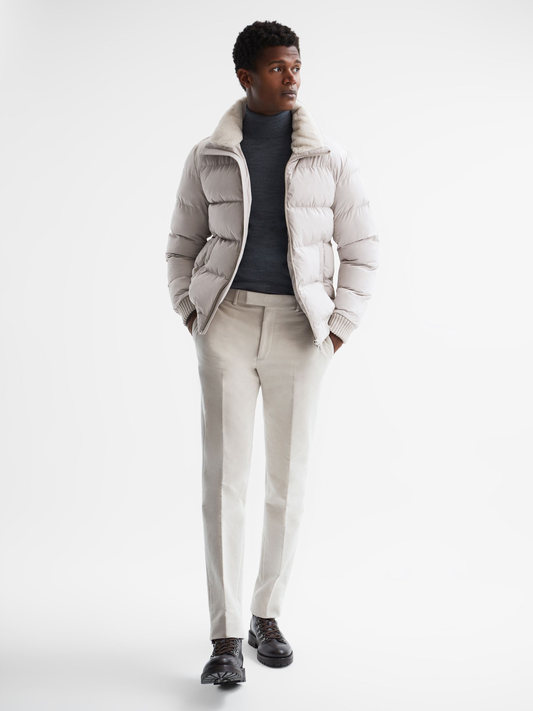 Faux Fur Trim Puffer Jacket in Stone - Image 3 of 6