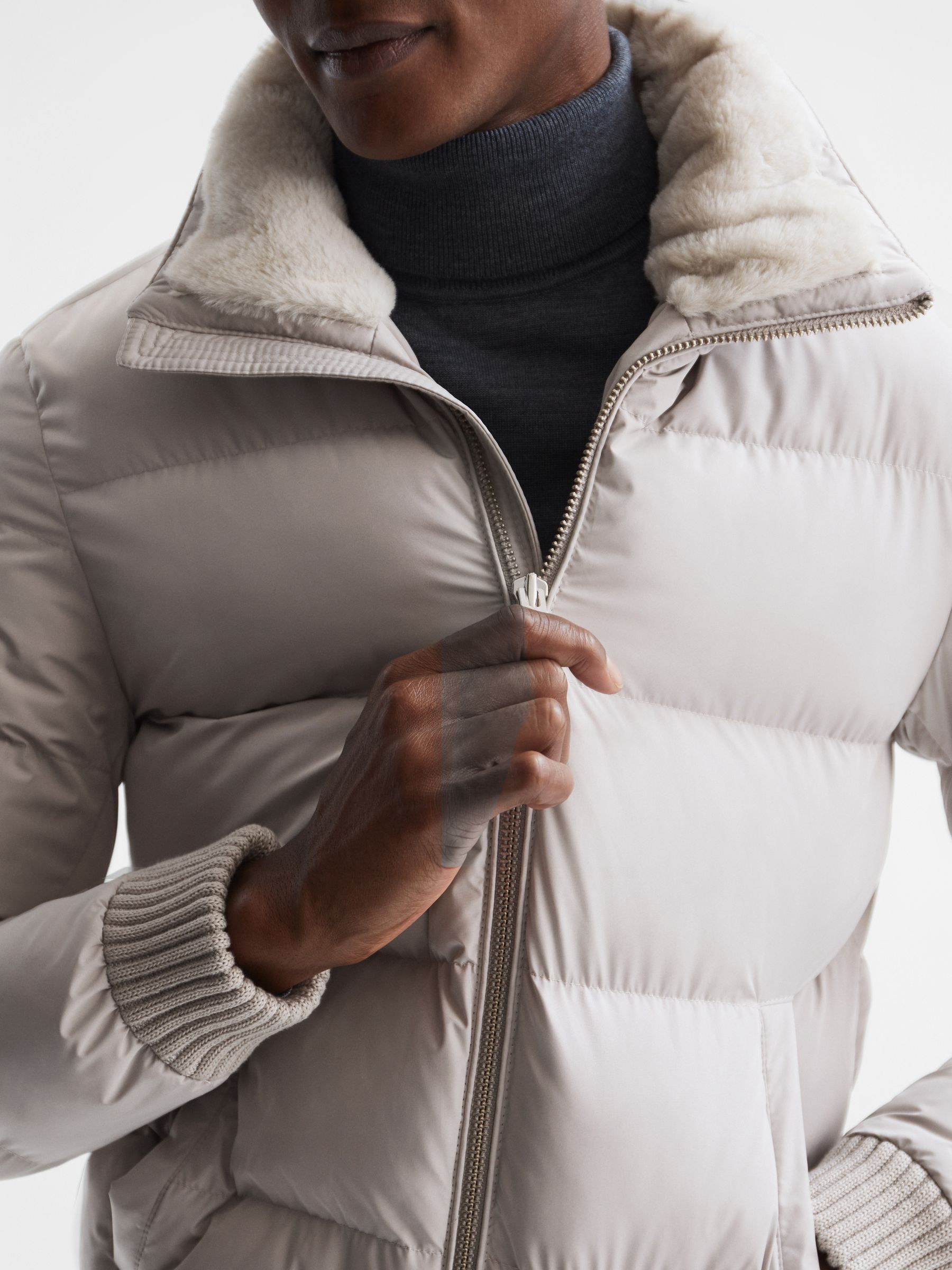 Faux Fur Trim Puffer Jacket in Stone - Image 4 of 6